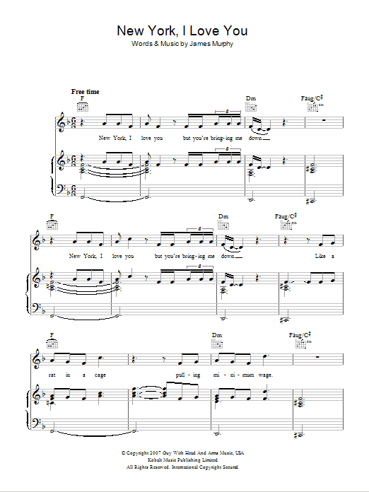 Download LCD Soundsystem New York, I Love You But You're Bringing Me Down Sheet Music and learn how to play Piano, Vocal & Guitar (Right-Hand Melody) PDF digital score in minutes