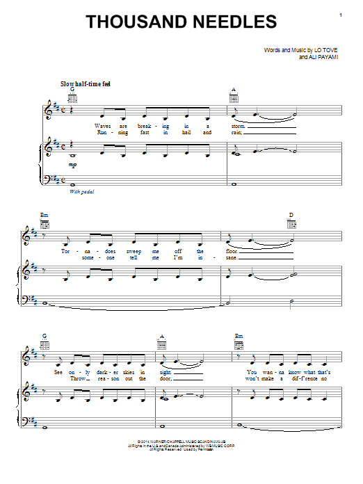 Download Lea Michele Thousand Needles Sheet Music and learn how to play Piano, Vocal & Guitar (Right-Hand Melody) PDF digital score in minutes
