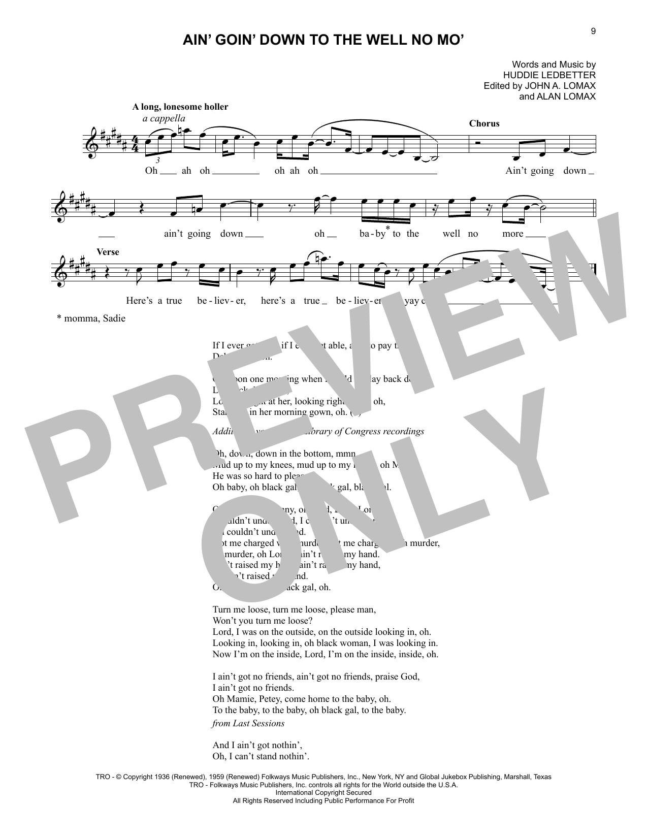 Download Lead Belly Ain' Goin' Down To The Well No Mo' Sheet Music and learn how to play Lead Sheet / Fake Book PDF digital score in minutes