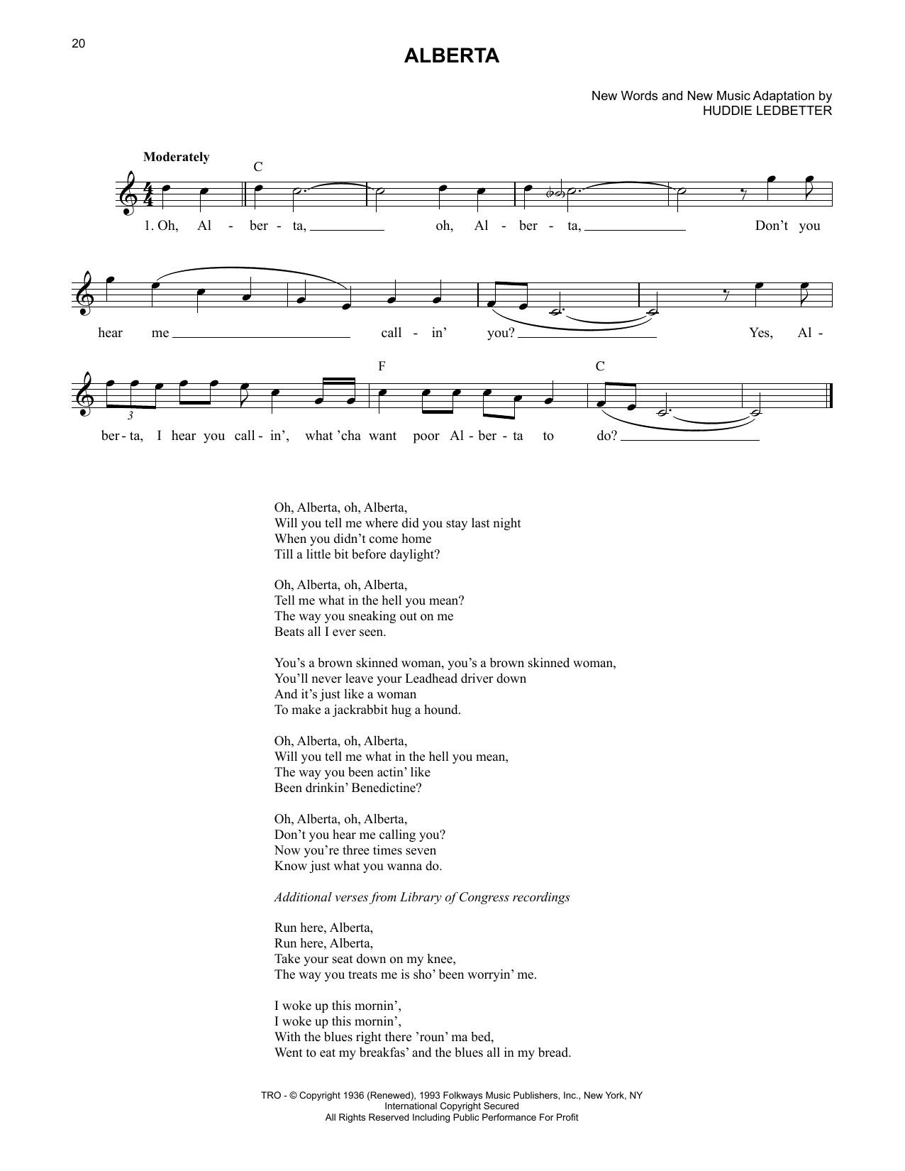 Download Lead Belly Alberta Sheet Music and learn how to play Lead Sheet / Fake Book PDF digital score in minutes