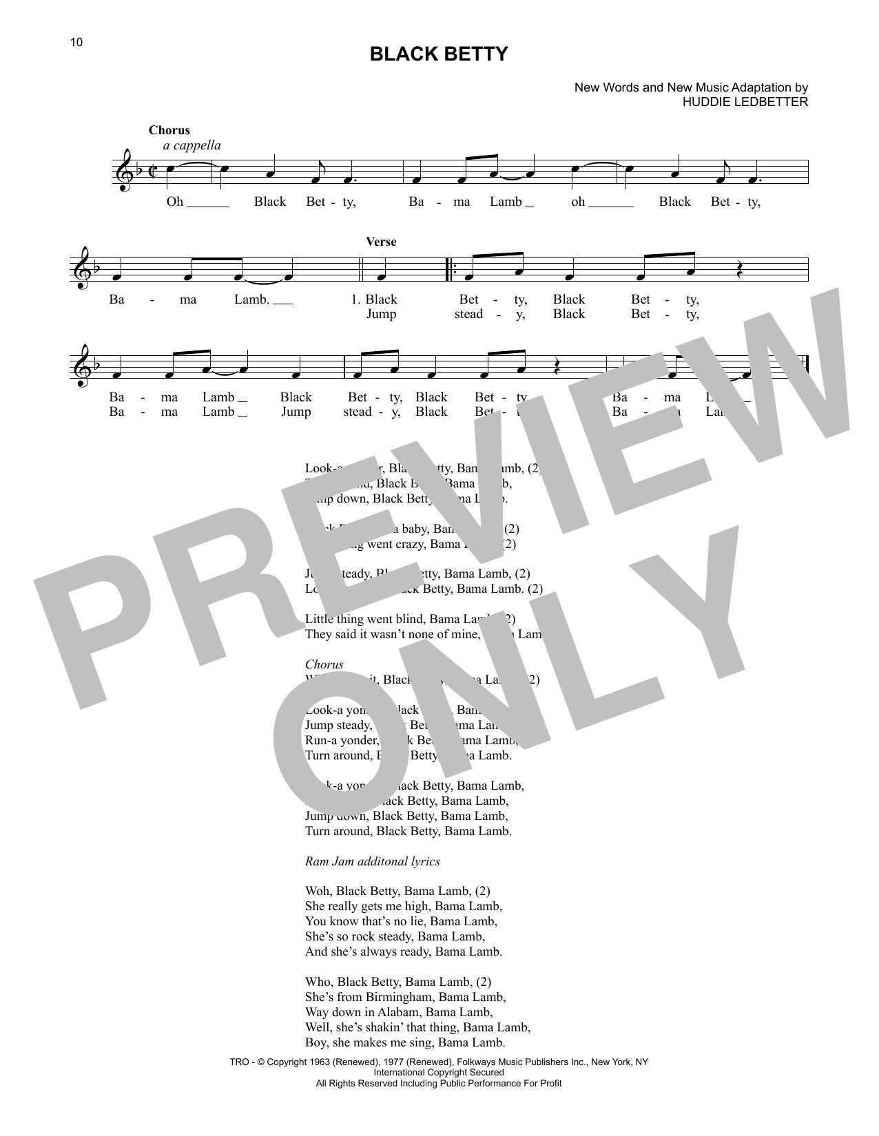 Download Lead Belly Black Betty Sheet Music and learn how to play Lead Sheet / Fake Book PDF digital score in minutes