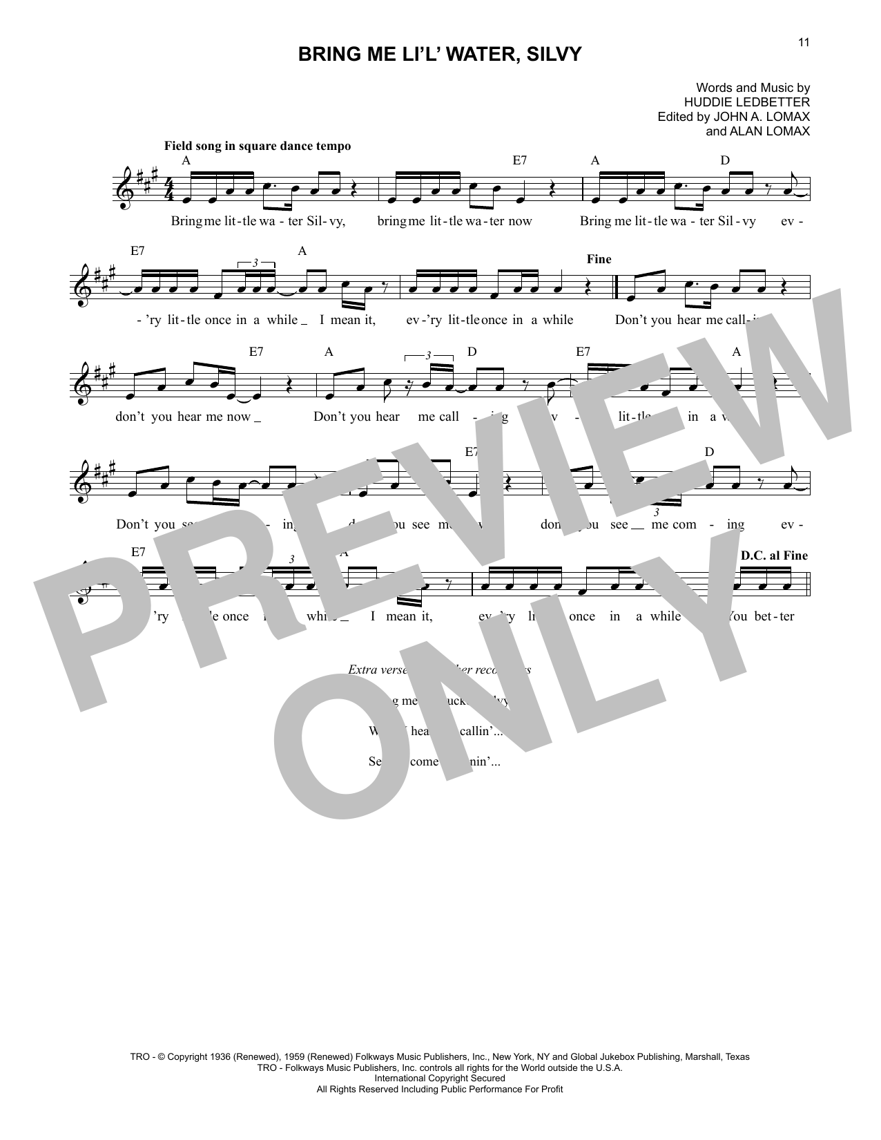 Download Lead Belly Bring Me Li'l' Water, Silvy Sheet Music and learn how to play Lead Sheet / Fake Book PDF digital score in minutes