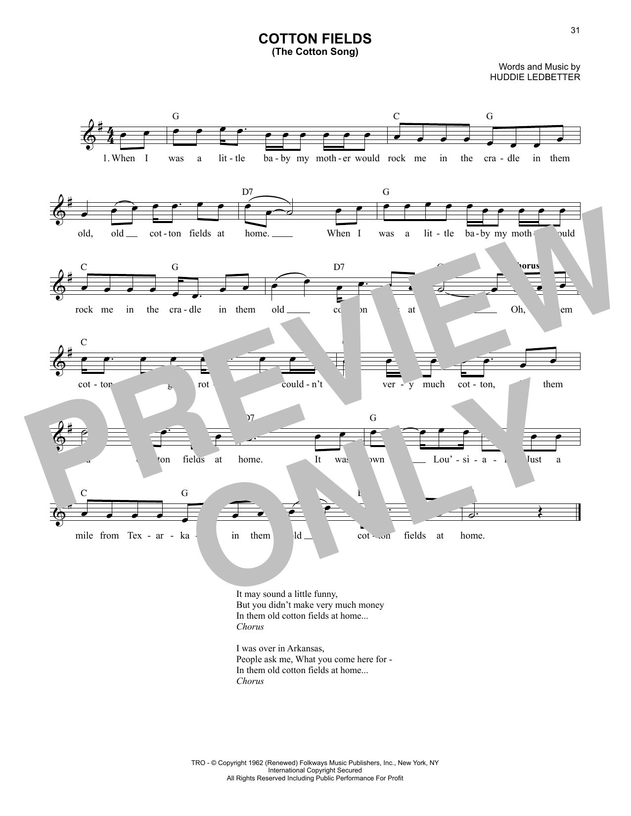 Download Lead Belly Cotton Fields (The Cotton Song) Sheet Music and learn how to play Lead Sheet / Fake Book PDF digital score in minutes