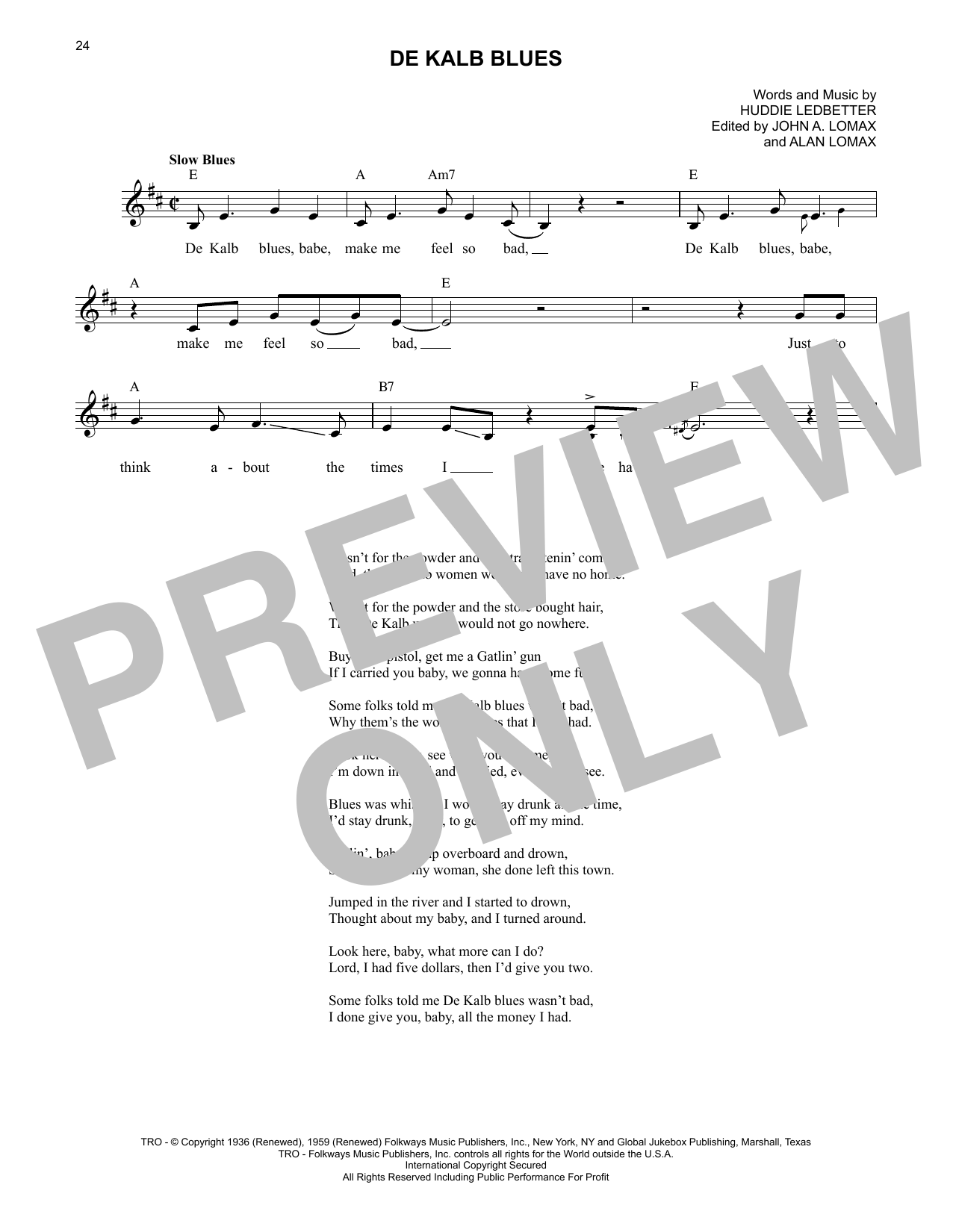 Download Lead Belly De Kalb Blues Sheet Music and learn how to play Lead Sheet / Fake Book PDF digital score in minutes