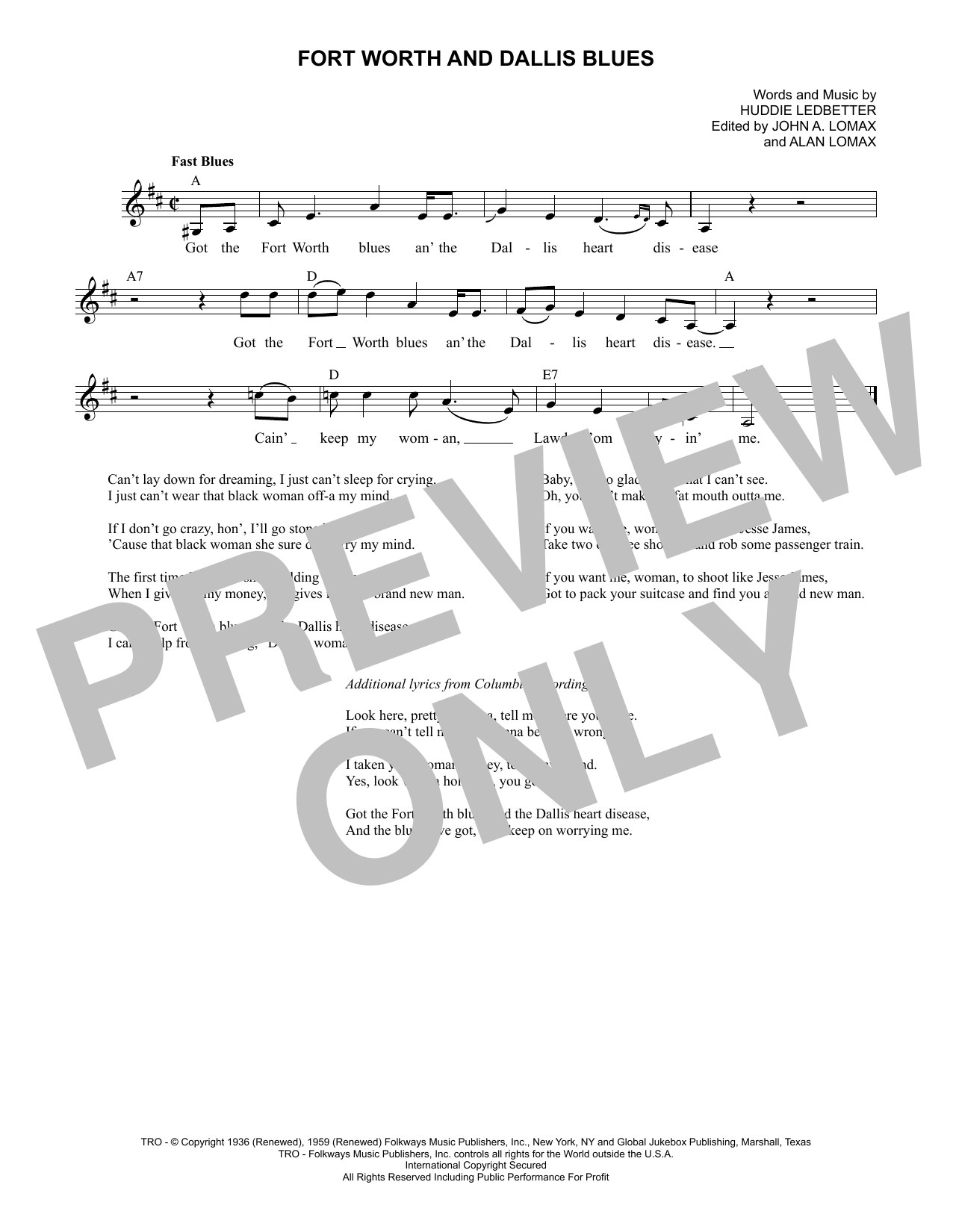 Download Lead Belly Fort Worth And Dallis Blues Sheet Music and learn how to play Lead Sheet / Fake Book PDF digital score in minutes