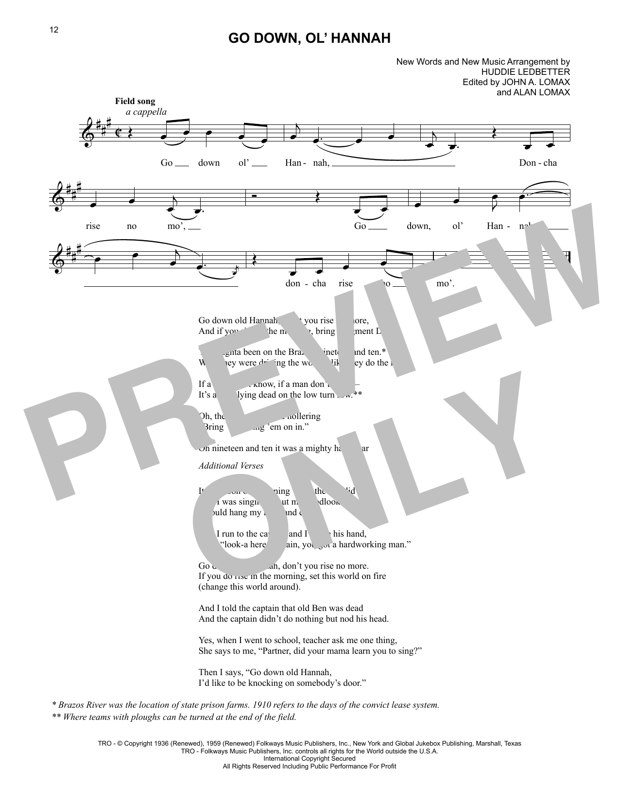 Download Lead Belly Go Down, Ol' Hannah Sheet Music and learn how to play Lead Sheet / Fake Book PDF digital score in minutes