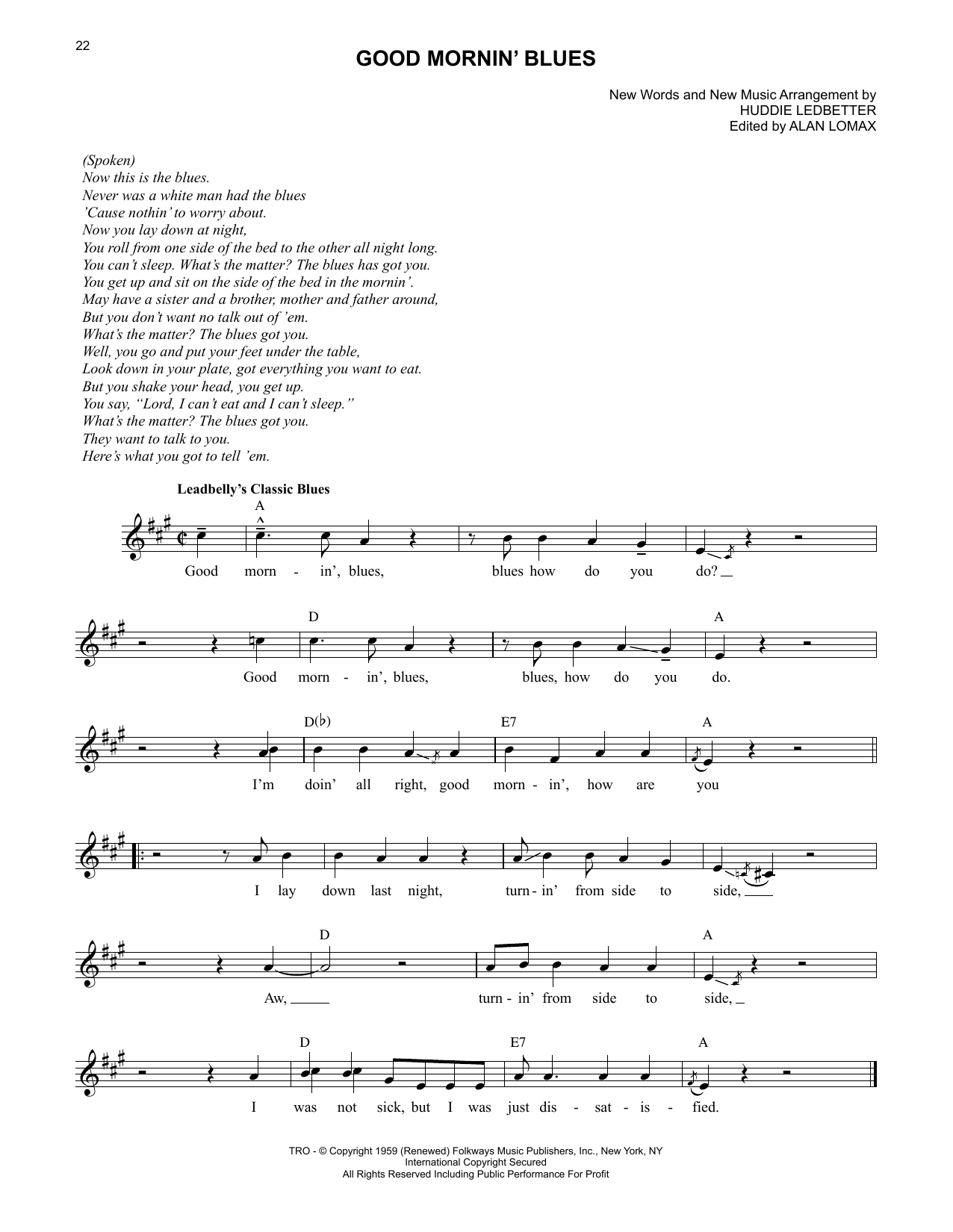 Download Lead Belly Good Mornin' Blues Sheet Music and learn how to play Lead Sheet / Fake Book PDF digital score in minutes