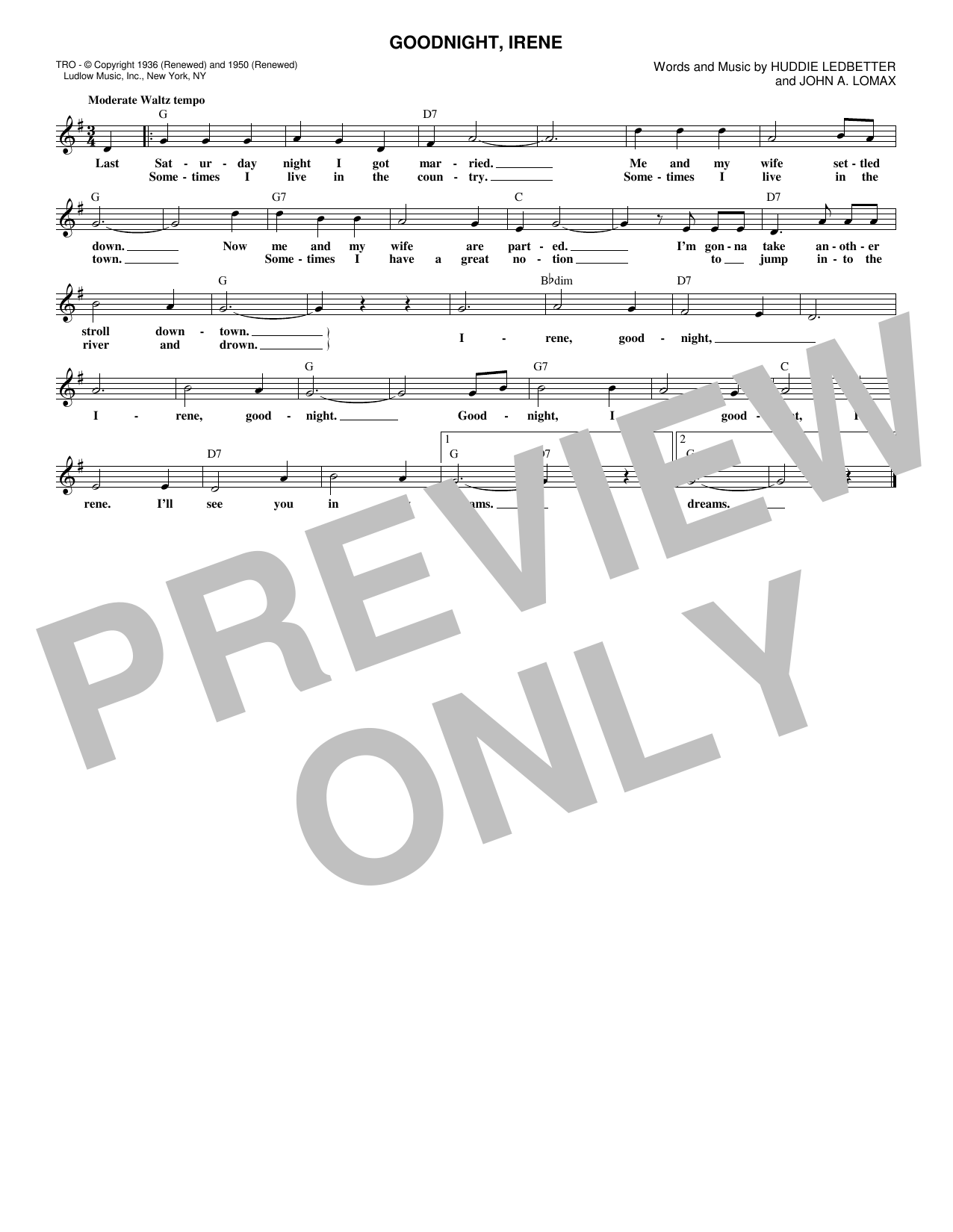 Download Lead Belly Goodnight, Irene Sheet Music and learn how to play Melody Line, Lyrics & Chords PDF digital score in minutes