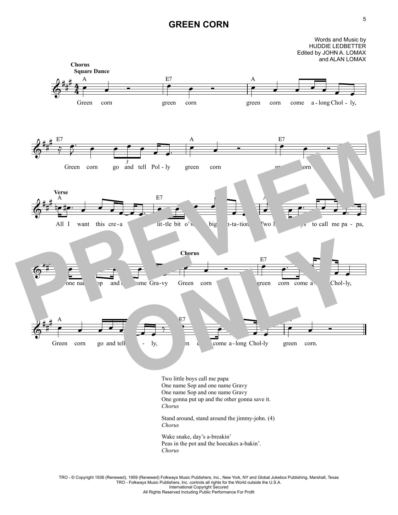 Download Lead Belly Green Corn Sheet Music and learn how to play Lead Sheet / Fake Book PDF digital score in minutes