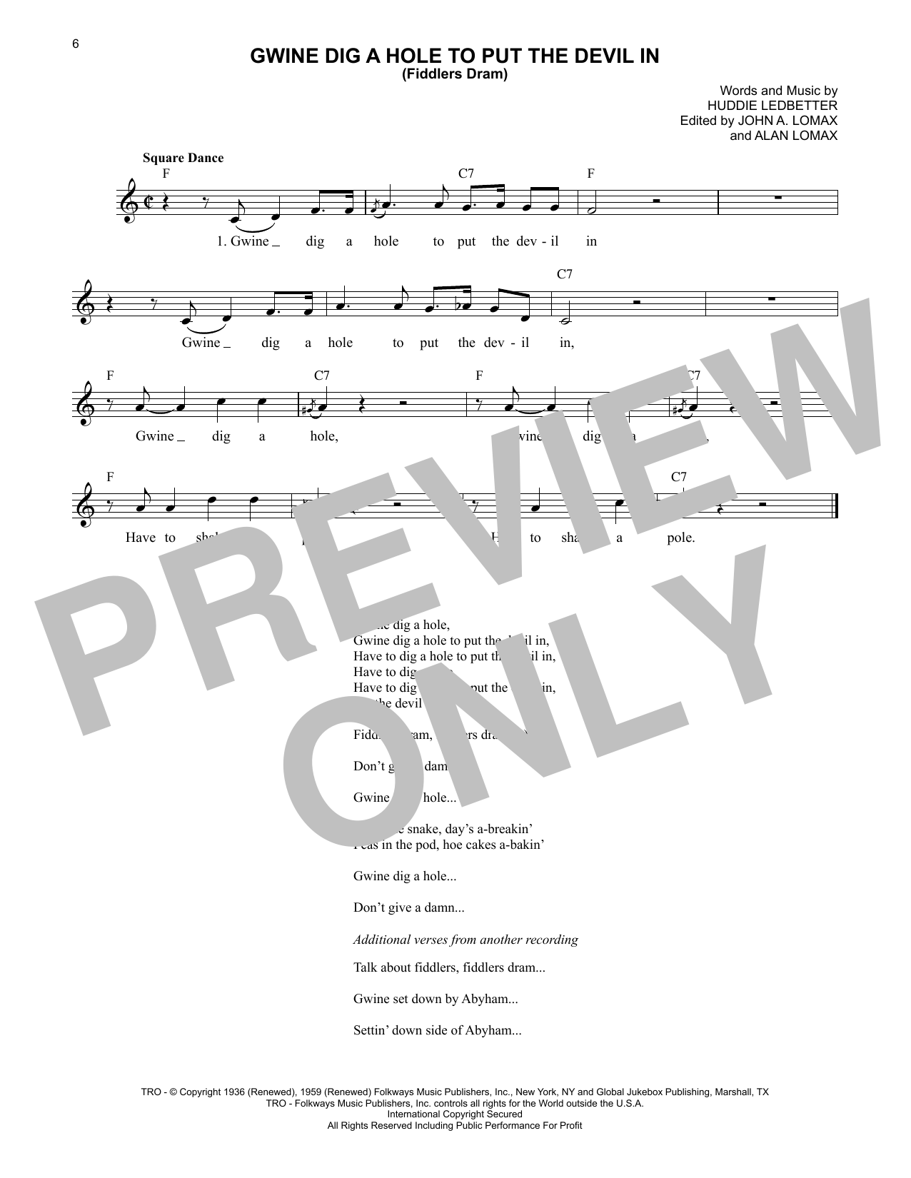 Download Lead Belly Gwine Dig A Hole To Put The Devil In (Fiddlers Dram) Sheet Music and learn how to play Lead Sheet / Fake Book PDF digital score in minutes