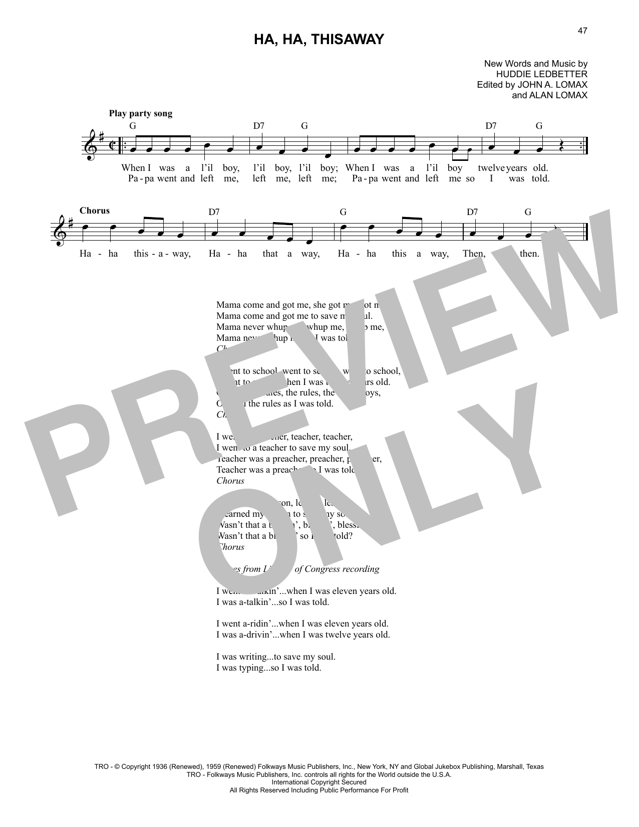 Download Lead Belly Ha, Ha, Thisaway Sheet Music and learn how to play Lead Sheet / Fake Book PDF digital score in minutes