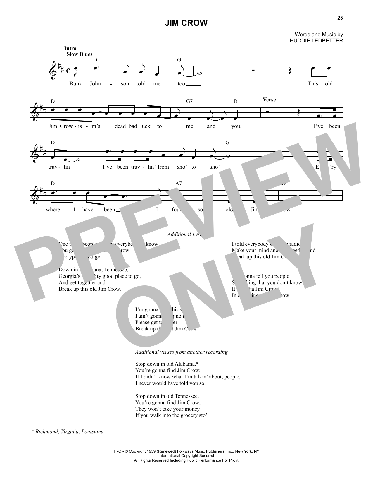 Download Lead Belly Jim Crow Sheet Music and learn how to play Lead Sheet / Fake Book PDF digital score in minutes