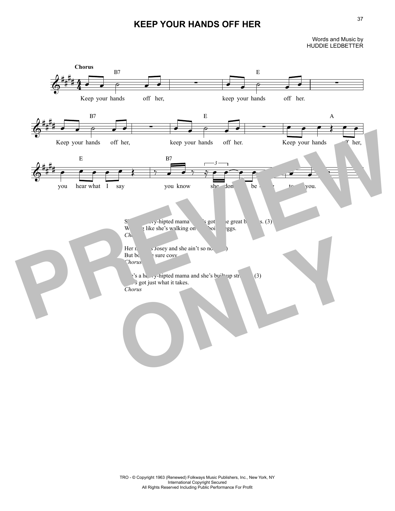 Download Lead Belly Keep Your Hands Off Her Sheet Music and learn how to play Lead Sheet / Fake Book PDF digital score in minutes