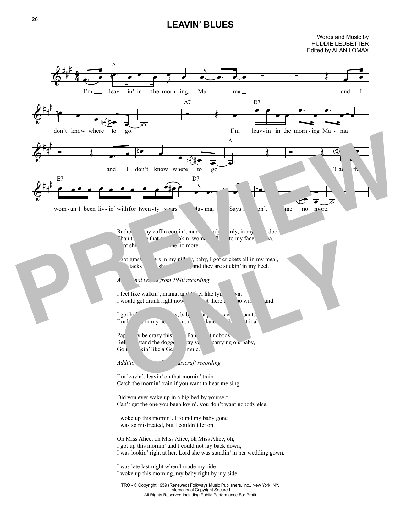 Download Lead Belly Leavin' Blues Sheet Music and learn how to play Lead Sheet / Fake Book PDF digital score in minutes