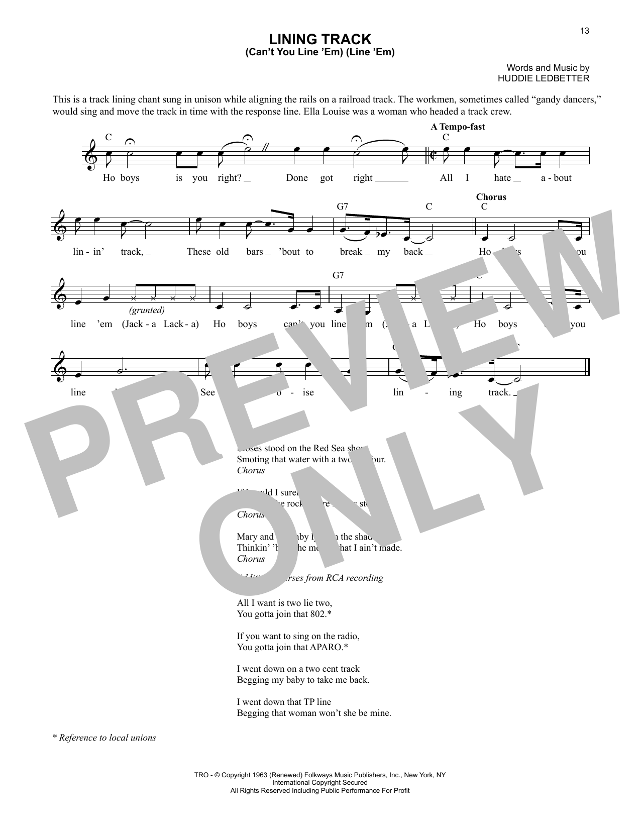 Download Lead Belly Lining Track (Can't You Line 'Em) (Line 'Em) Sheet Music and learn how to play Lead Sheet / Fake Book PDF digital score in minutes