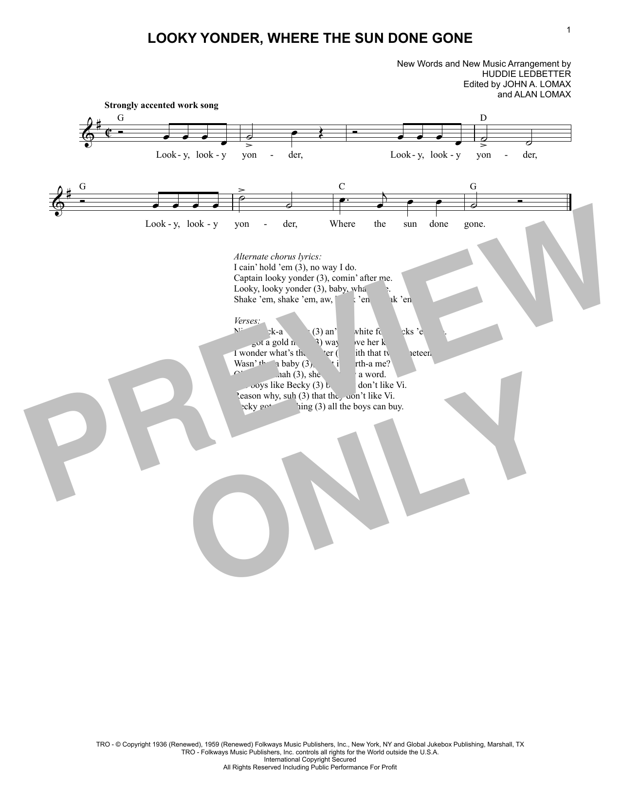 Download Lead Belly Looky Yonder, Where The Sun Done Gone Sheet Music and learn how to play Lead Sheet / Fake Book PDF digital score in minutes