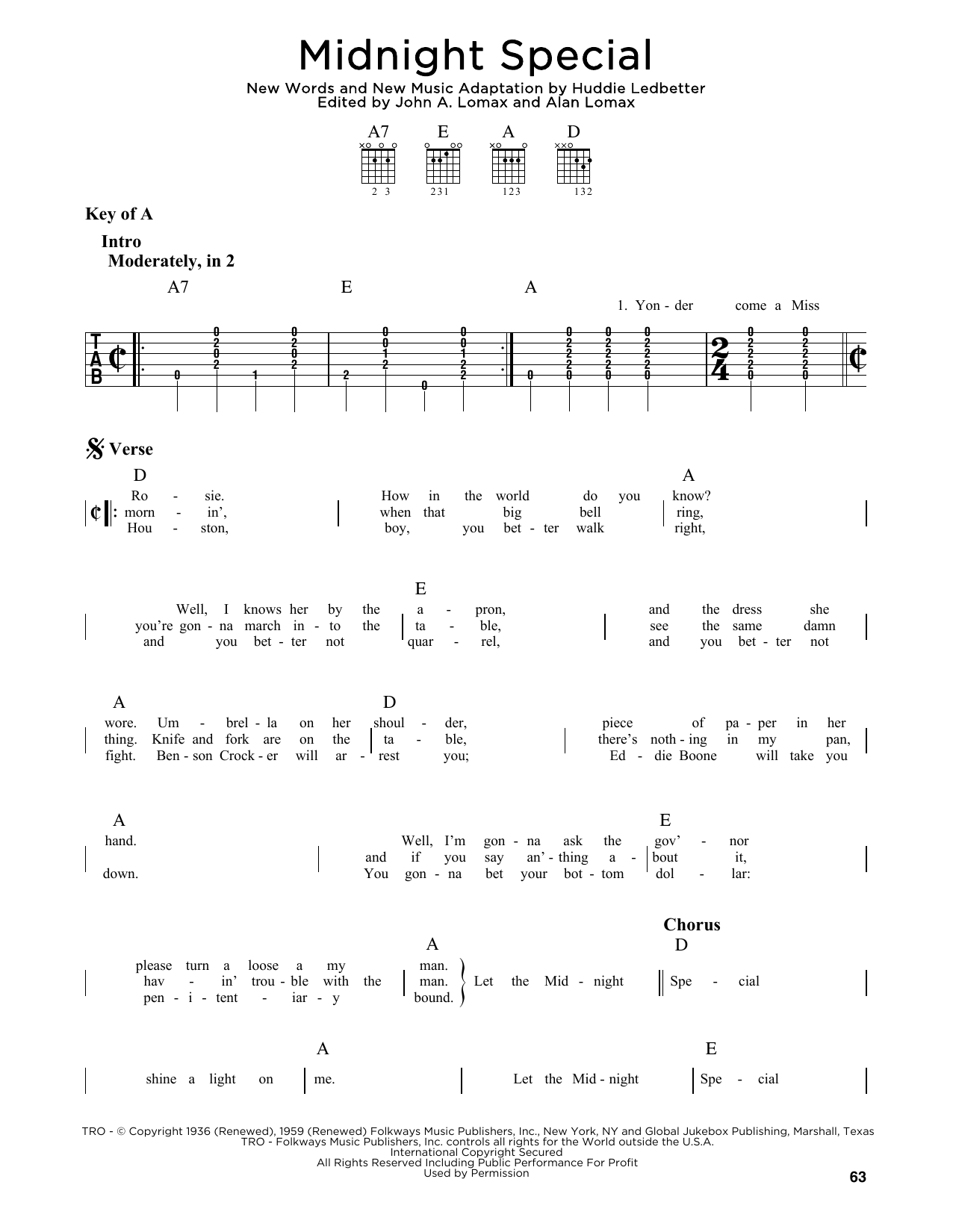 Download Lead Belly Midnight Special Sheet Music and learn how to play Guitar Lead Sheet PDF digital score in minutes