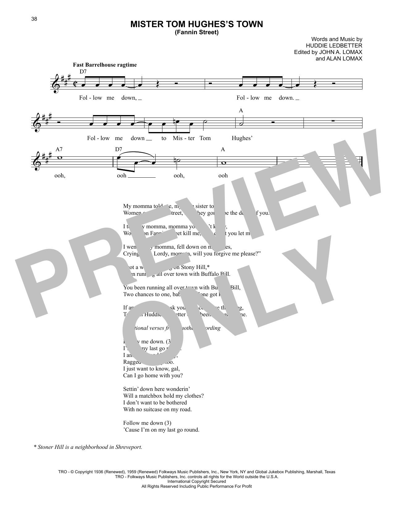 Download Lead Belly Mister Tom Hughes's Town (Fannin Street) Sheet Music and learn how to play Lead Sheet / Fake Book PDF digital score in minutes