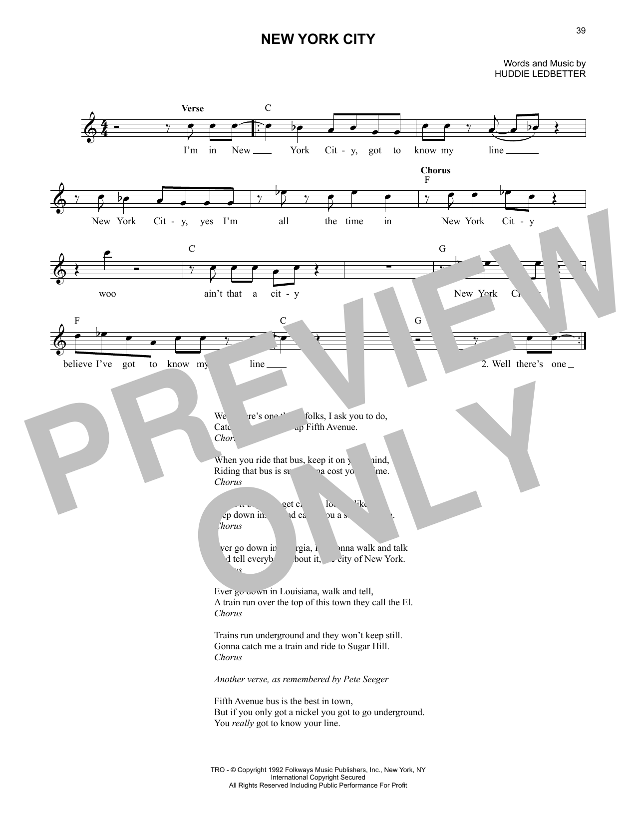 Download Lead Belly New York City Sheet Music and learn how to play Lead Sheet / Fake Book PDF digital score in minutes