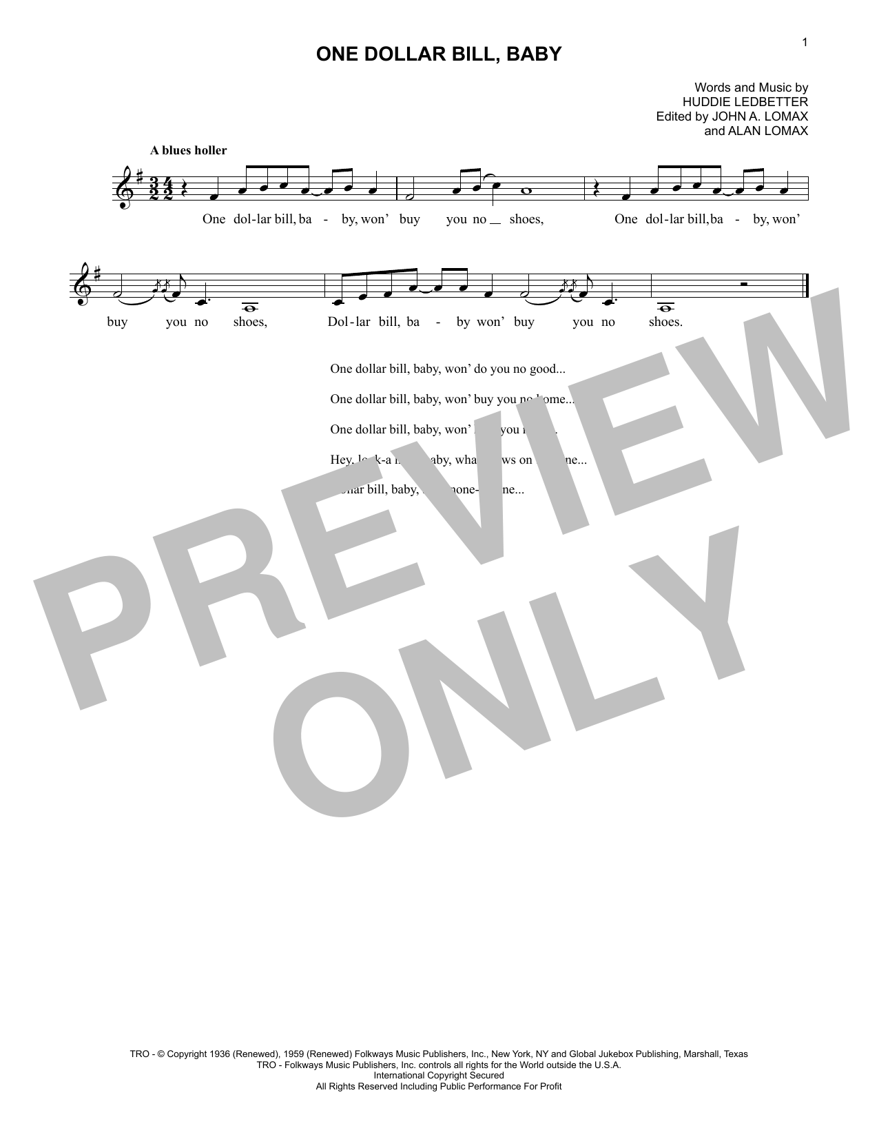 Download Lead Belly One Dollar Bill, Baby Sheet Music and learn how to play Lead Sheet / Fake Book PDF digital score in minutes