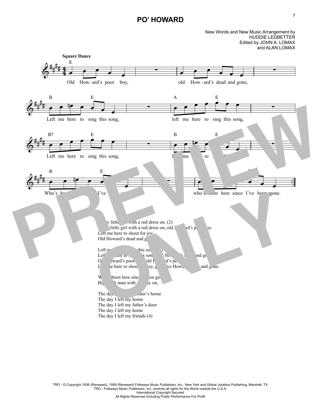 Download Lead Belly Po' Howard Sheet Music and learn how to play Lead Sheet / Fake Book PDF digital score in minutes