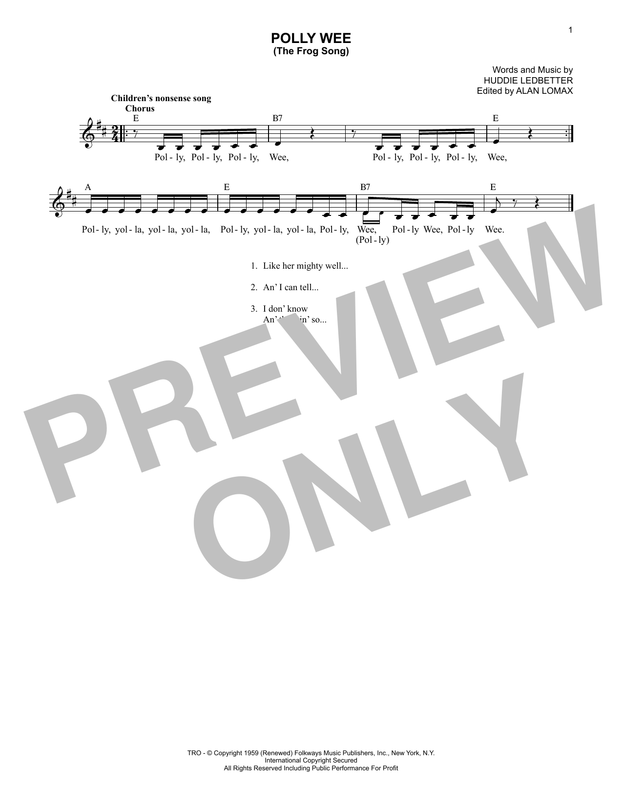 Download Lead Belly Polly Wee (The Frog Song) Sheet Music and learn how to play Lead Sheet / Fake Book PDF digital score in minutes