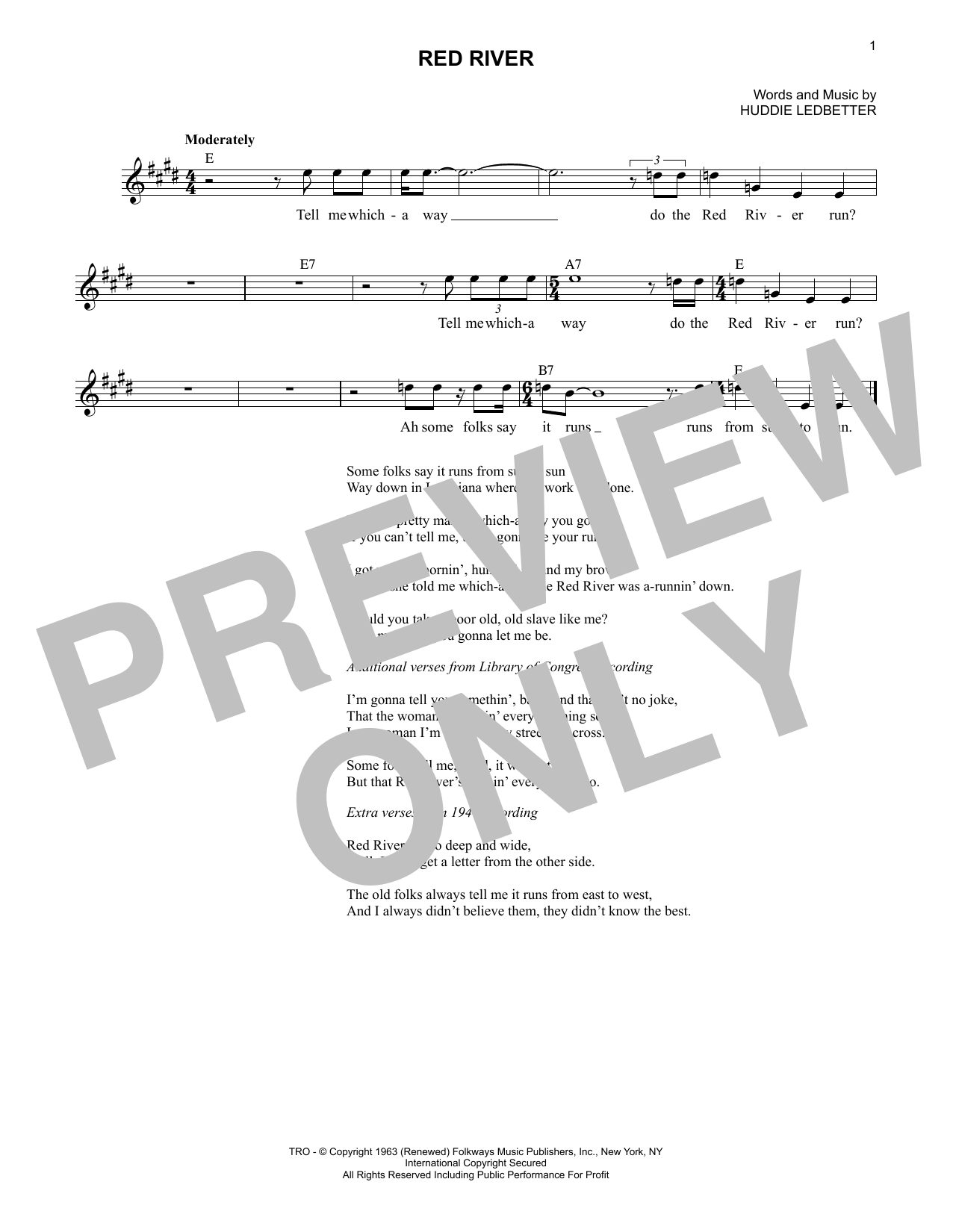 Download Lead Belly Red River Sheet Music and learn how to play Lead Sheet / Fake Book PDF digital score in minutes