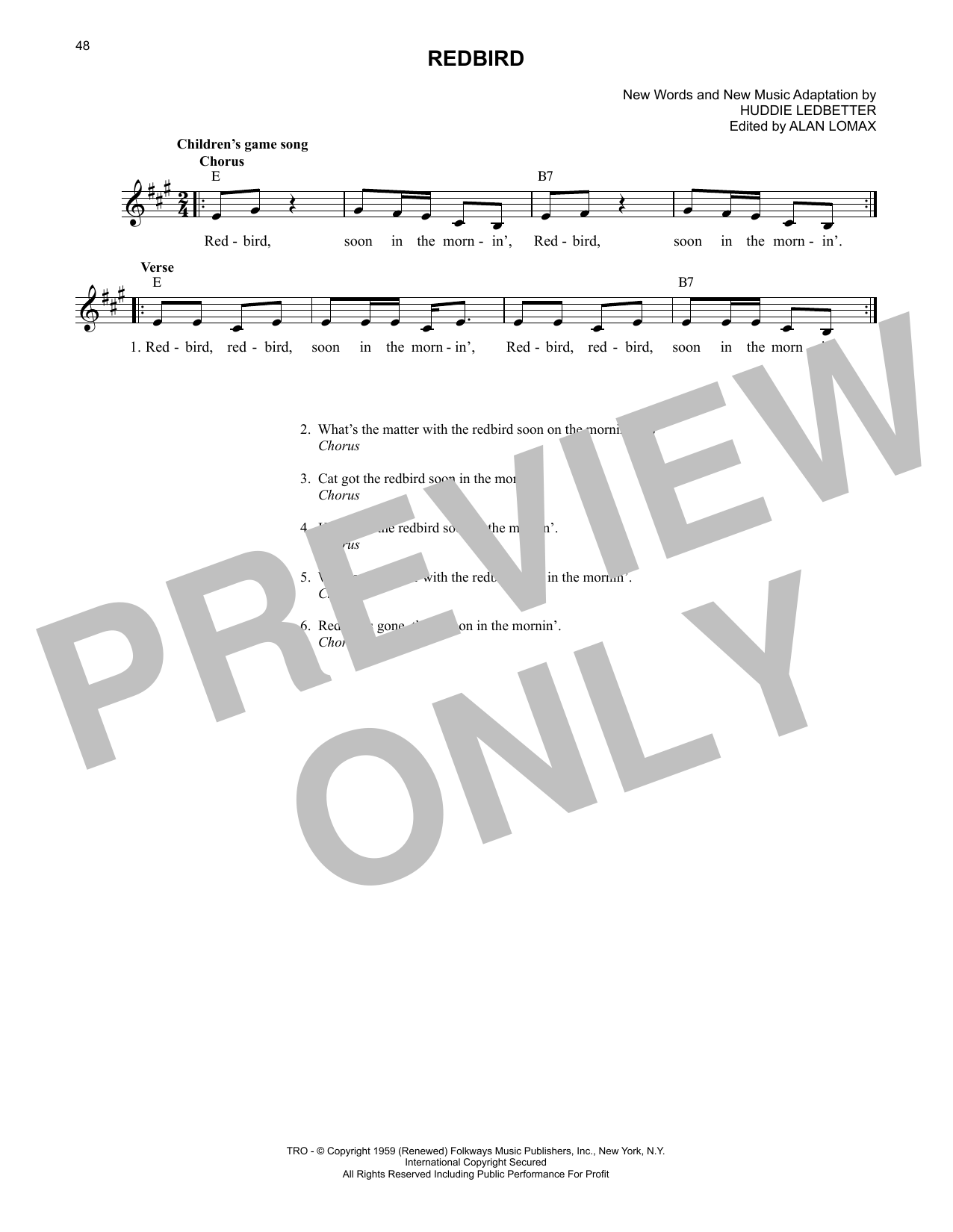 Download Lead Belly Redbird Sheet Music and learn how to play Lead Sheet / Fake Book PDF digital score in minutes