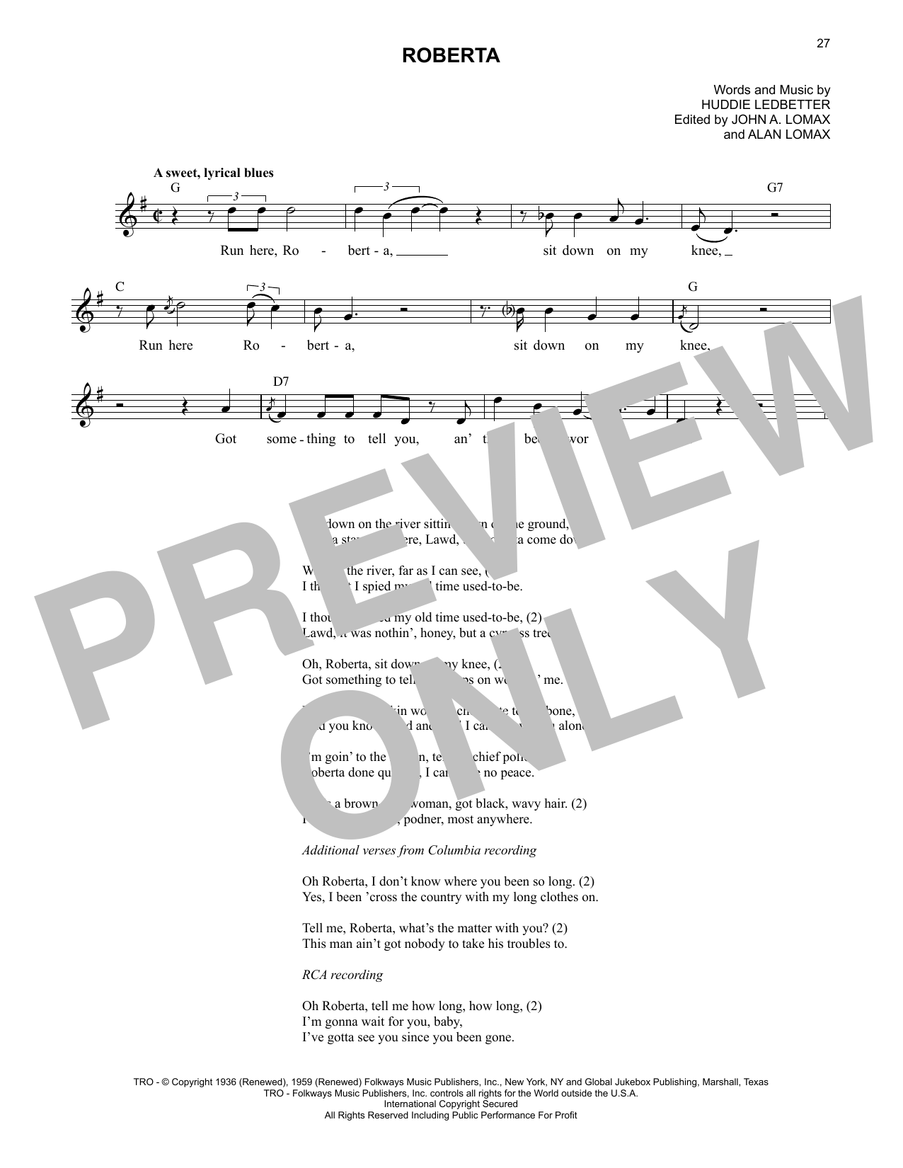 Download Lead Belly Roberta Sheet Music and learn how to play Lead Sheet / Fake Book PDF digital score in minutes