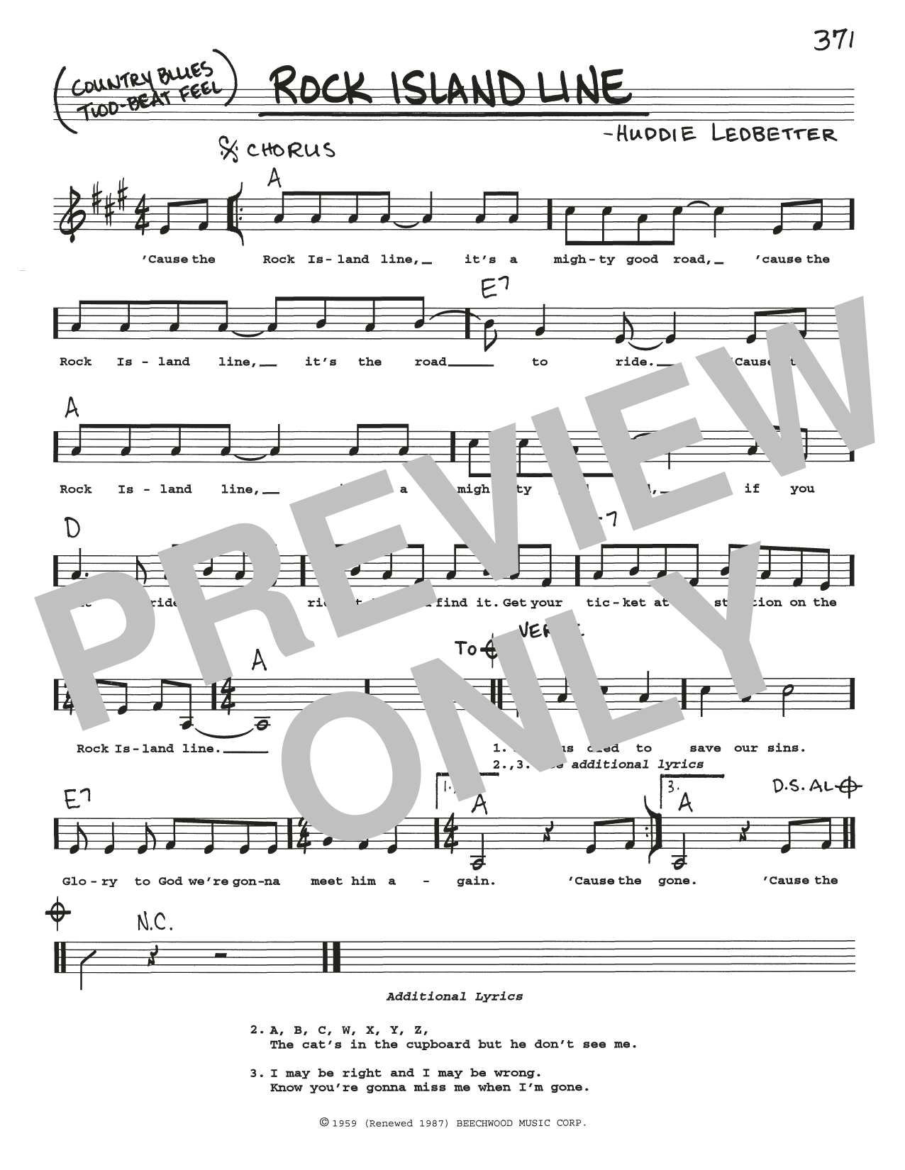 Download Lead Belly Rock Island Line Sheet Music and learn how to play Real Book – Melody, Lyrics & Chords PDF digital score in minutes