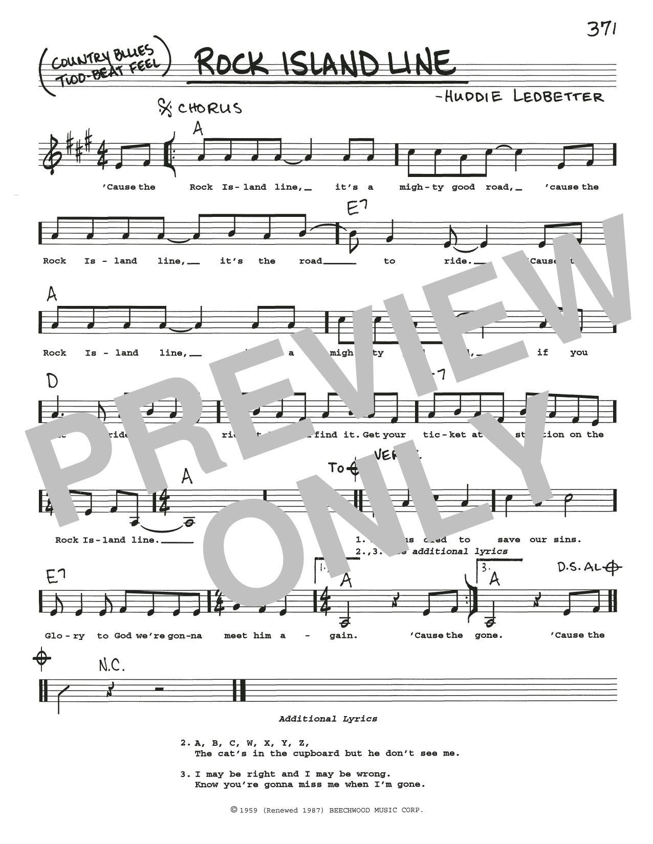 Download Lead Belly Rock Island Line Sheet Music and learn how to play Lead Sheet / Fake Book PDF digital score in minutes