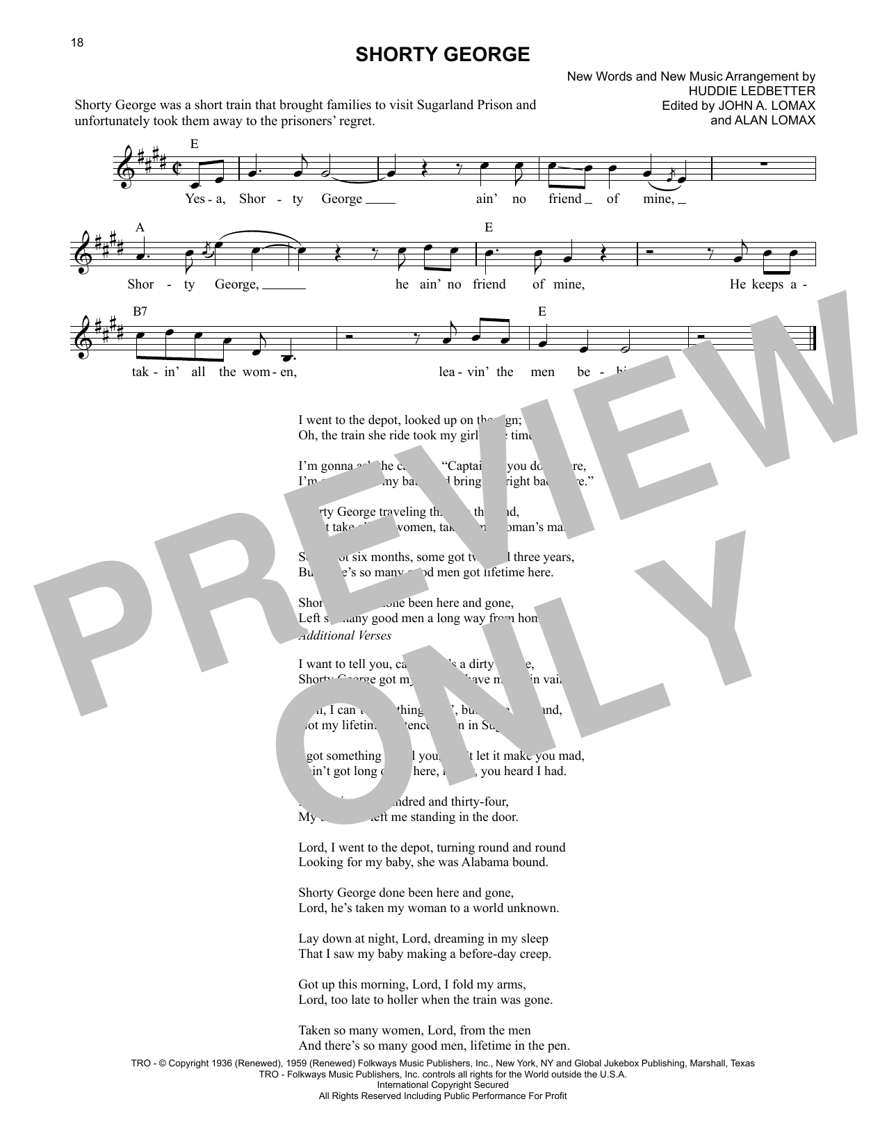 Download Lead Belly Shorty George Sheet Music and learn how to play Lead Sheet / Fake Book PDF digital score in minutes