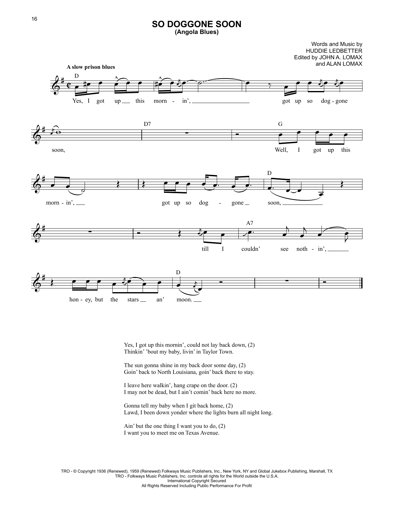 Download Lead Belly So Doggone Soon (Angola Blues) Sheet Music and learn how to play Lead Sheet / Fake Book PDF digital score in minutes