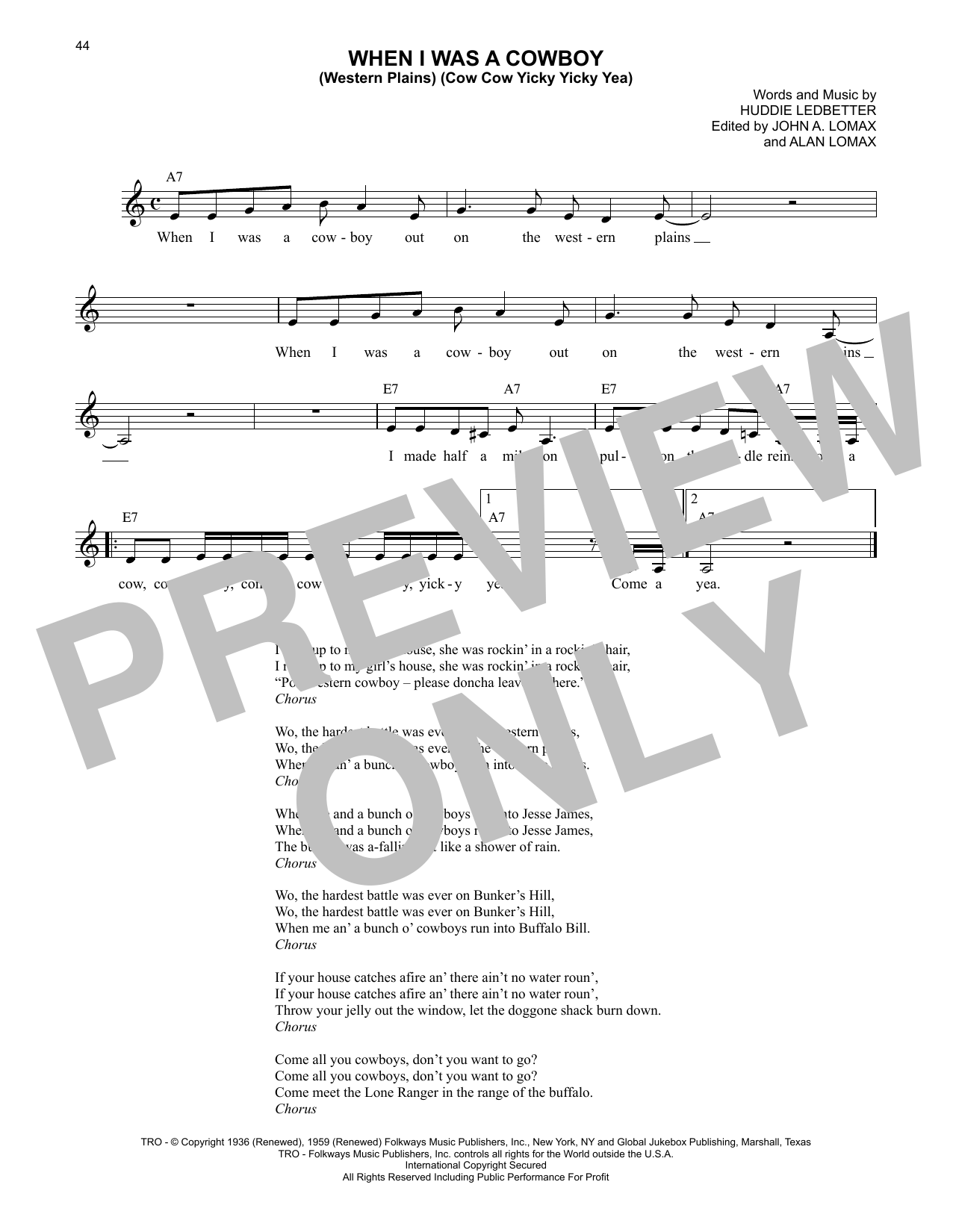 Download Lead Belly When I Was A Cowboy (Western Plains) (Cow Cow Yicky Yicky Yea) Sheet Music and learn how to play Lead Sheet / Fake Book PDF digital score in minutes