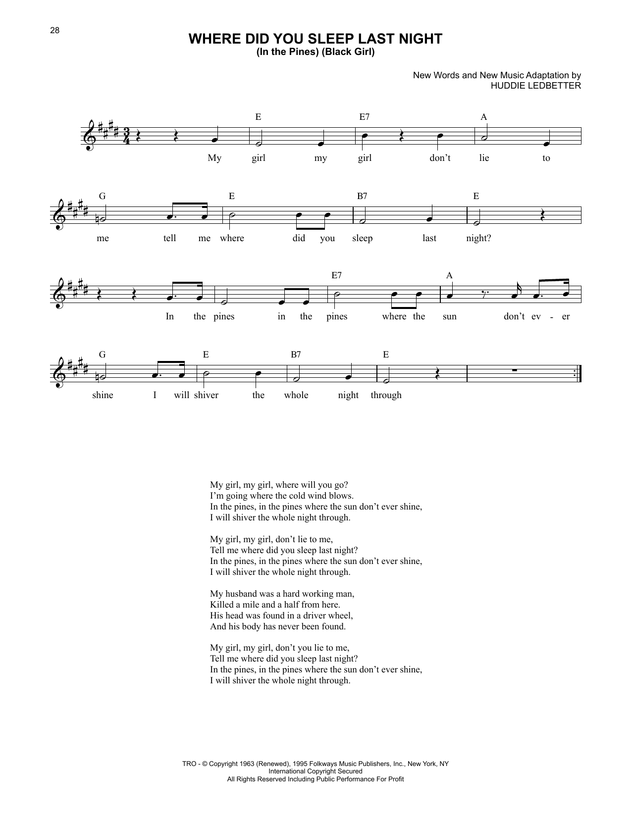 Download Leadbelly Where Did You Sleep Last Night Sheet Music and learn how to play Lyrics & Chords PDF digital score in minutes