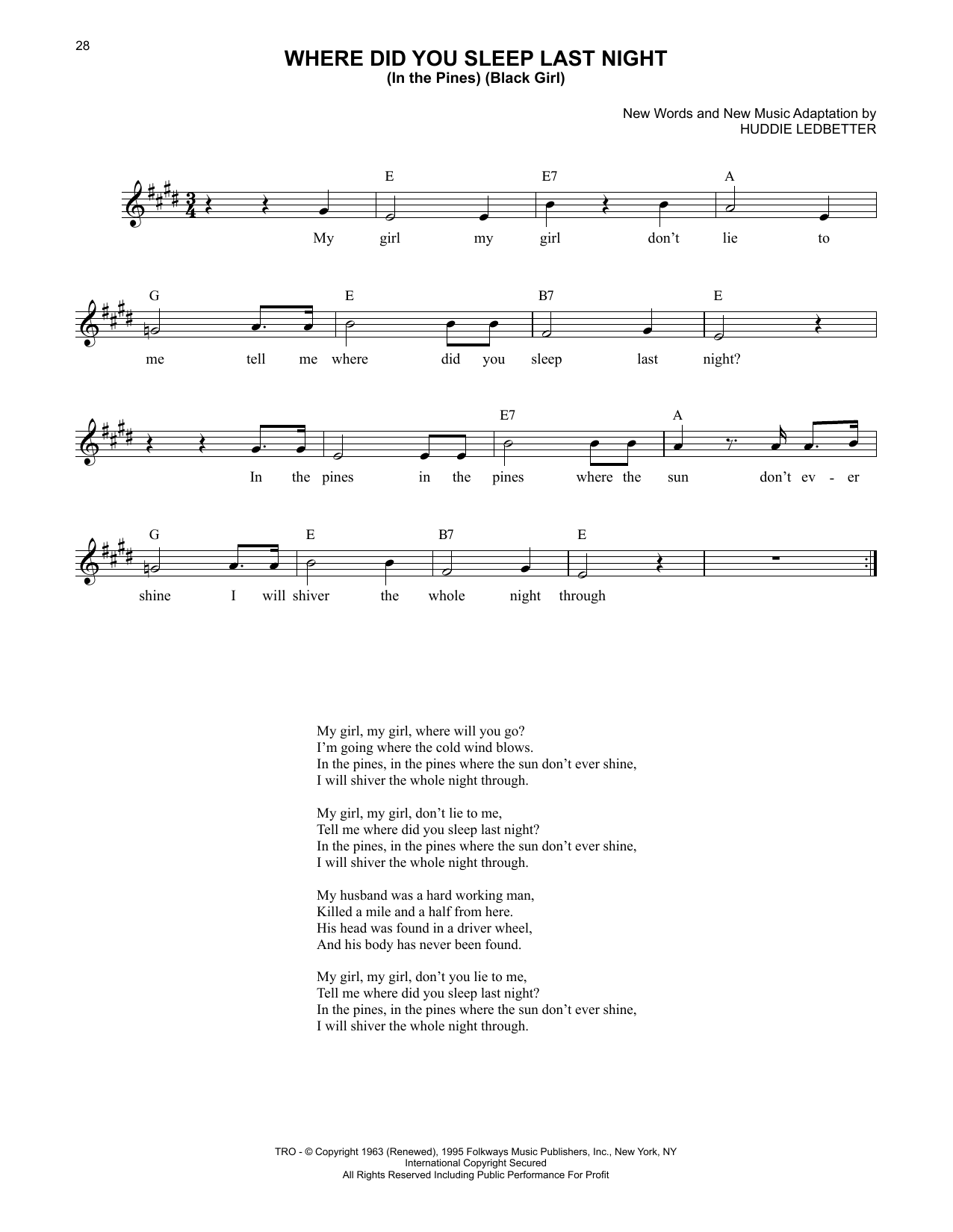 Download Lead Belly Where Did You Sleep Last Night Sheet Music and learn how to play Lead Sheet / Fake Book PDF digital score in minutes