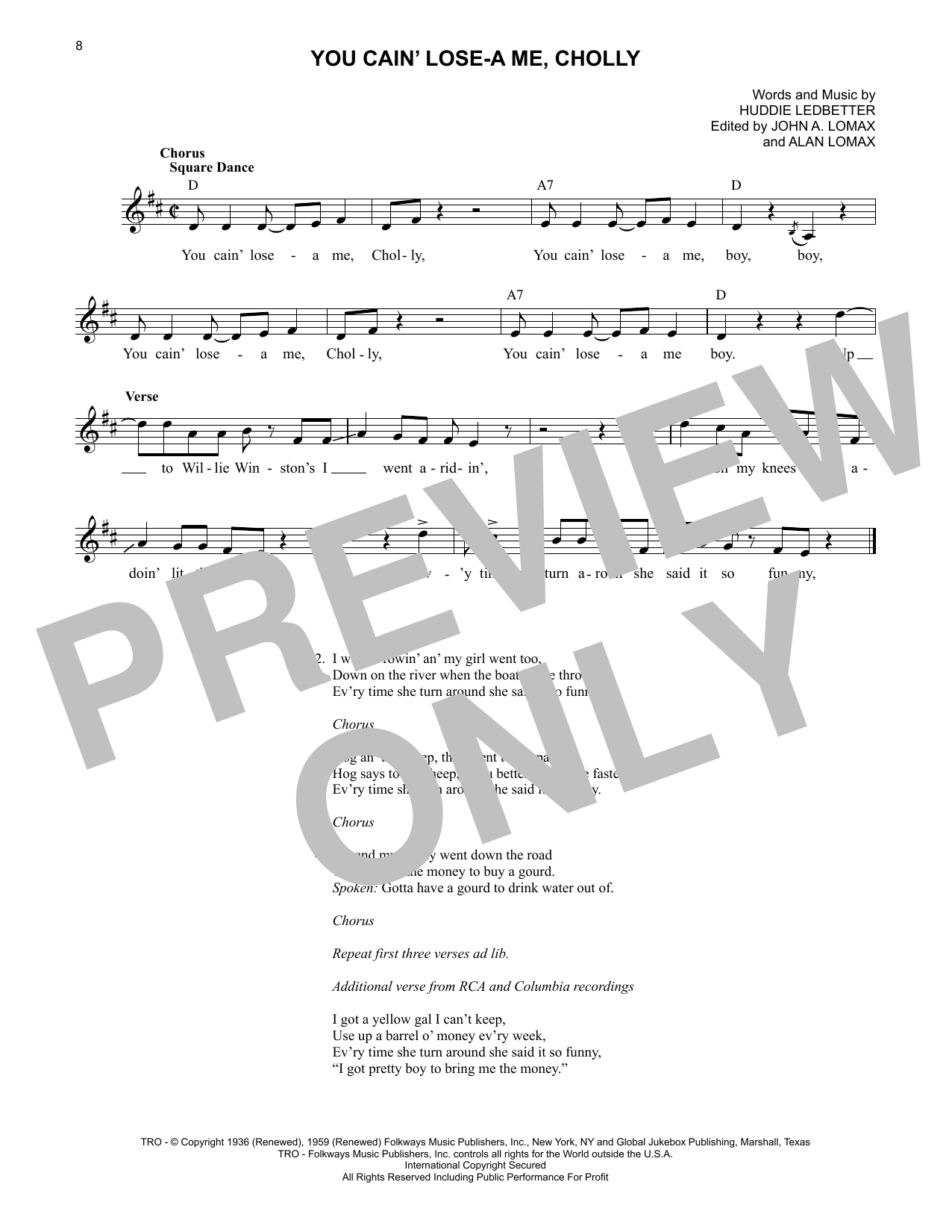 Download Lead Belly You Cain' Lose-A Me, Cholly Sheet Music and learn how to play Lead Sheet / Fake Book PDF digital score in minutes