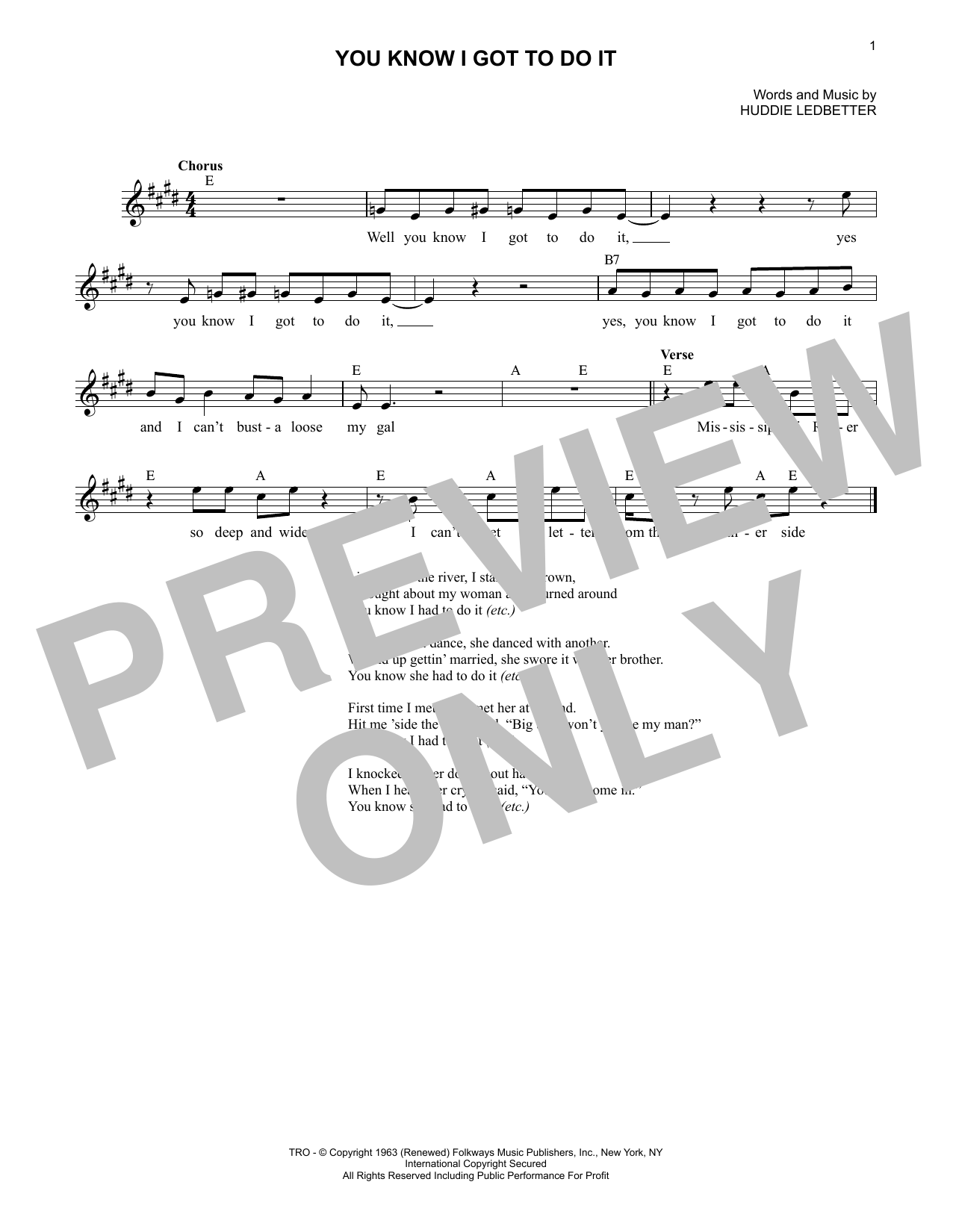 Download Lead Belly You Know I Got To Do It Sheet Music and learn how to play Lead Sheet / Fake Book PDF digital score in minutes