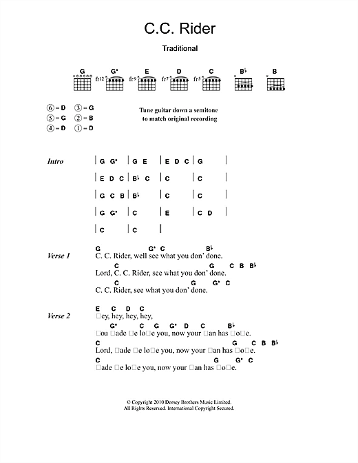 Download Leadbelly C.C. Rider Sheet Music and learn how to play Lyrics & Chords PDF digital score in minutes