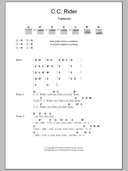 Download Leadbelly C.C. Rider Sheet Music and learn how to play Lyrics & Chords PDF digital score in minutes