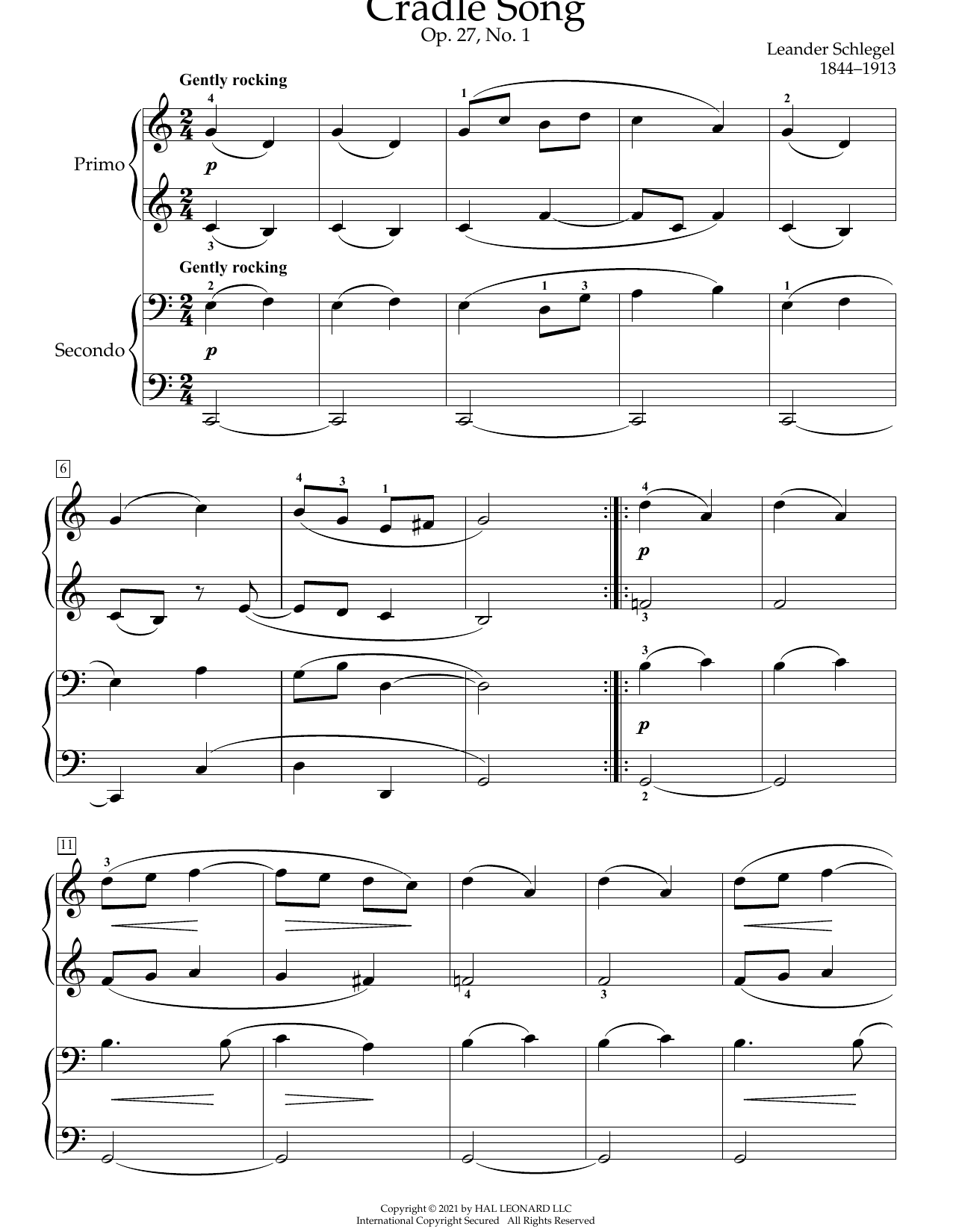 Download Leander Schlegel Cradle Song, Op. 27, No. 1 Sheet Music and learn how to play Piano Duet PDF digital score in minutes
