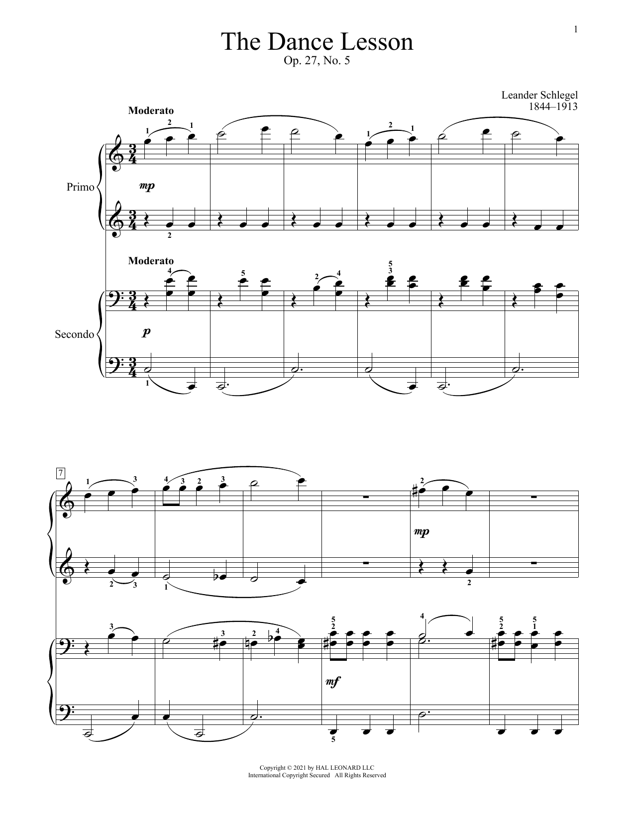 Download Leander Schlegel The Dance Lesson, Op. 27, No. 5 Sheet Music and learn how to play Piano Duet PDF digital score in minutes
