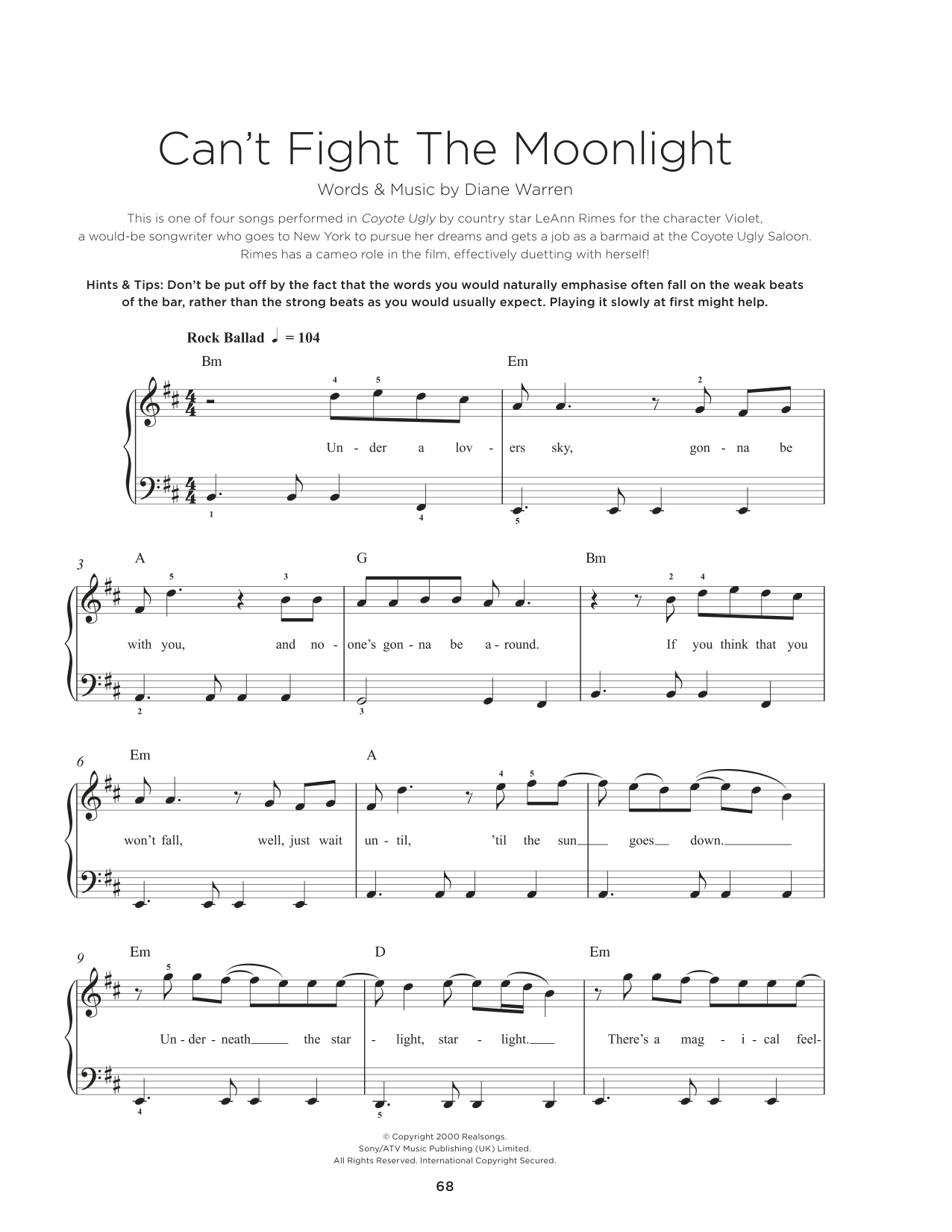 Download LeAnn Rimes Can't Fight The Moonlight Sheet Music and learn how to play Really Easy Piano PDF digital score in minutes