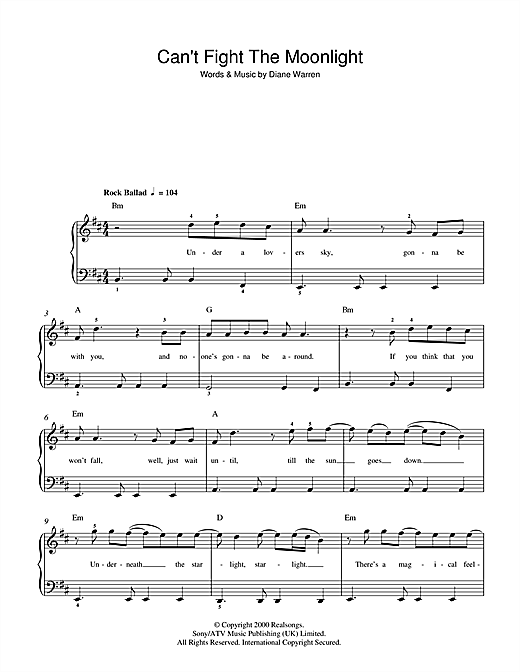 Download LeAnn Rimes Can't Fight The Moonlight Sheet Music and learn how to play Beginner Piano PDF digital score in minutes