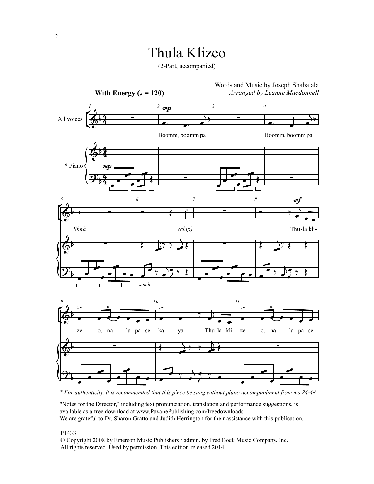 Download Leanne Macdonnell Thula Klizeo Sheet Music and learn how to play 2-Part Choir PDF digital score in minutes
