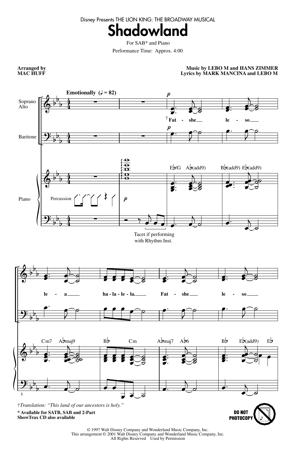 Download Lebo M., Hans Zimmer and Mark Mancina Shadowland (from The Lion King: Broadway Musical) (arr. Mac Huff) Sheet Music and learn how to play SATB Choir PDF digital score in minutes