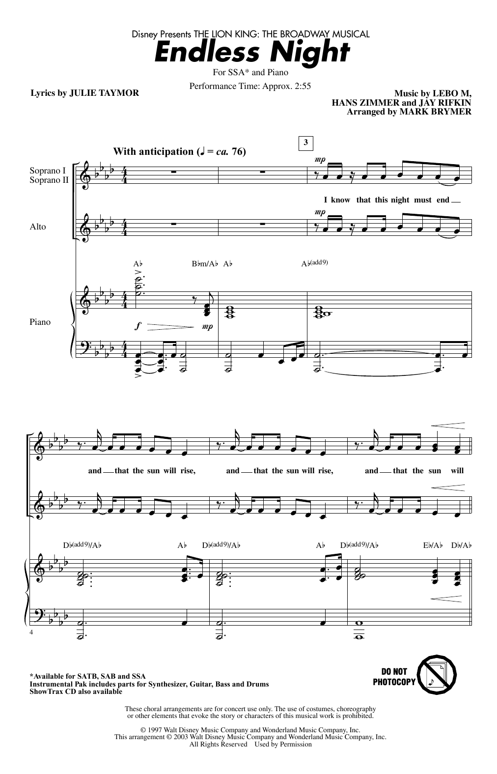 Download Lebo M., Hans Zimmer, Jay Rifkin and Julie Taymor Endless Night (from The Lion King: Broadway Musical) (arr. Mark Brymer) Sheet Music and learn how to play SSA Choir PDF digital score in minutes