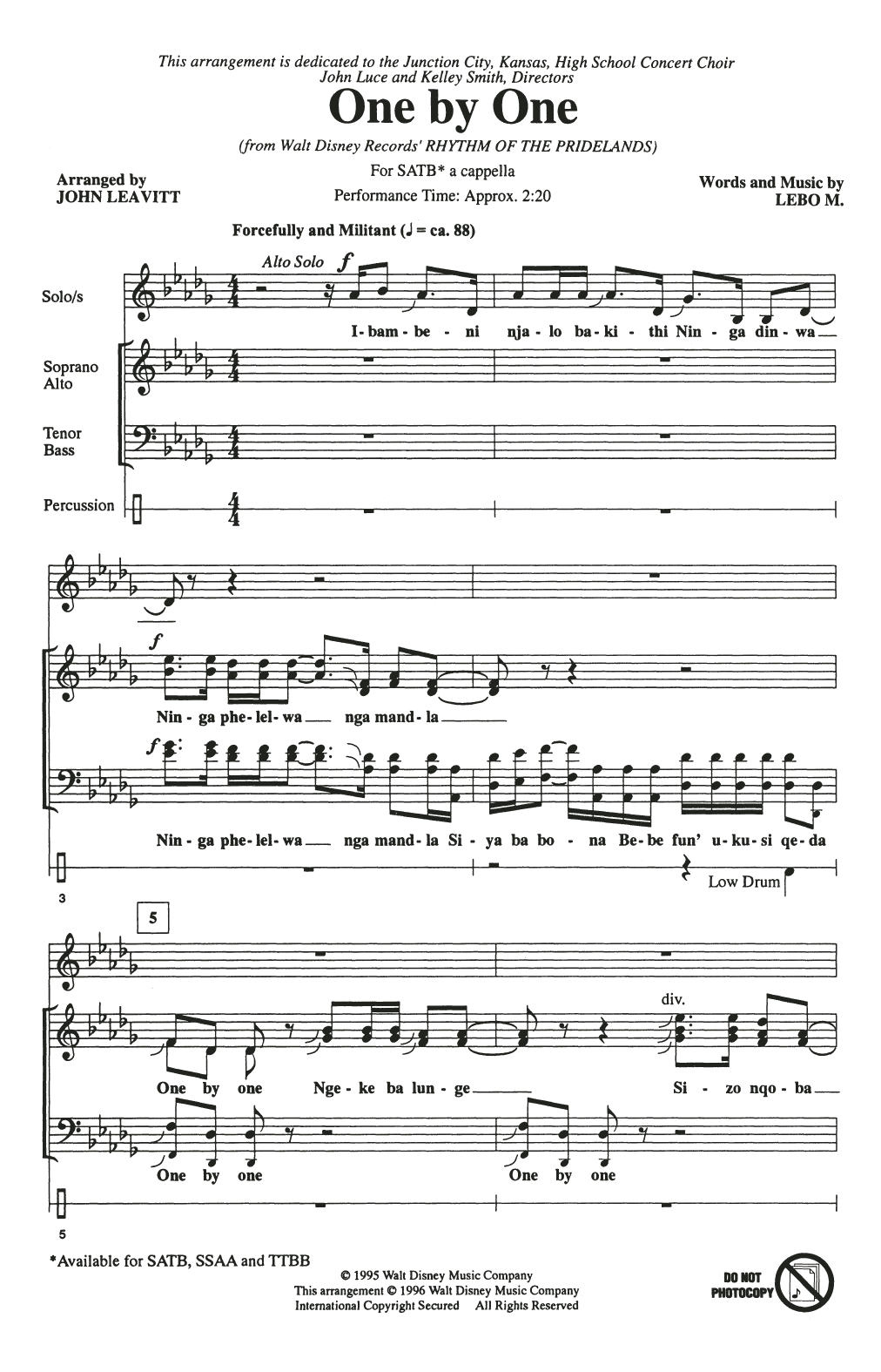 Download Lebo M. One By One (from Rhythm of the Pridelands) (arr. John Leavitt) Sheet Music and learn how to play SATB Choir PDF digital score in minutes