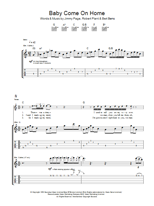 Download Led Zeppelin Baby Come On Home Sheet Music and learn how to play Guitar Tab PDF digital score in minutes