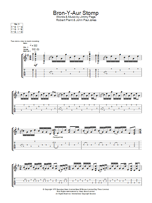Download Led Zeppelin Bron-Y-Aur Stomp Sheet Music and learn how to play Guitar Tab PDF digital score in minutes